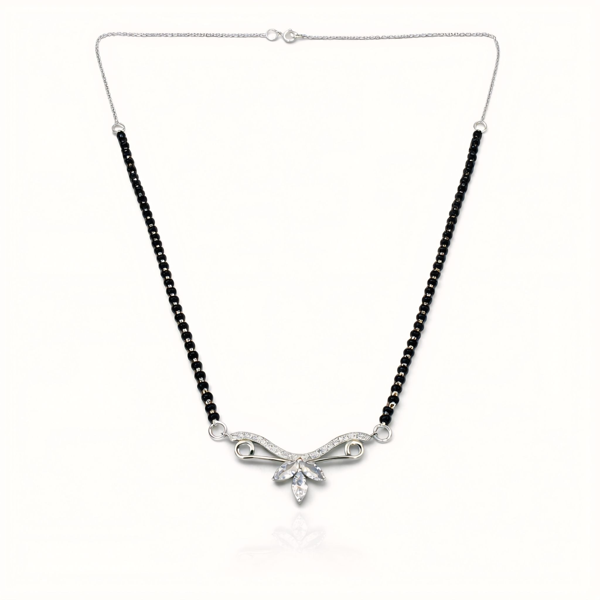 925 Sterling Silver Wing Leaf Mangalsutra – Cubic Zirconia Black Beaded Necklace