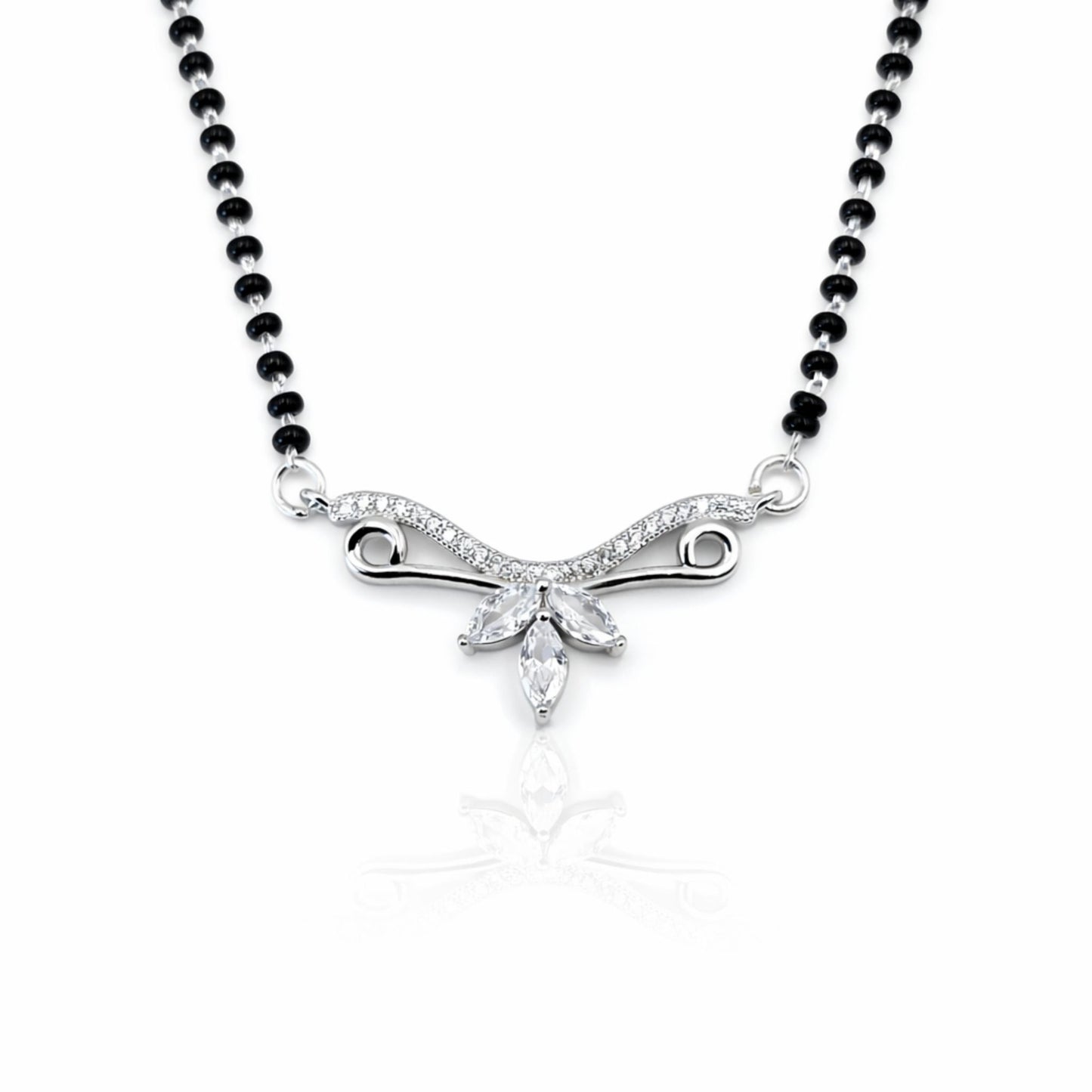 925 Sterling Silver Wing Leaf Mangalsutra – Cubic Zirconia Black Beaded Necklace