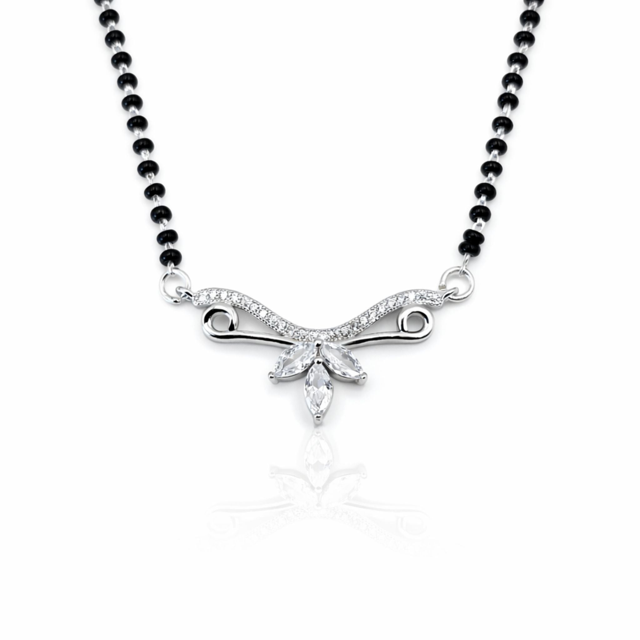 925 Sterling Silver Wing Leaf Mangalsutra – Cubic Zirconia Black Beaded Necklace