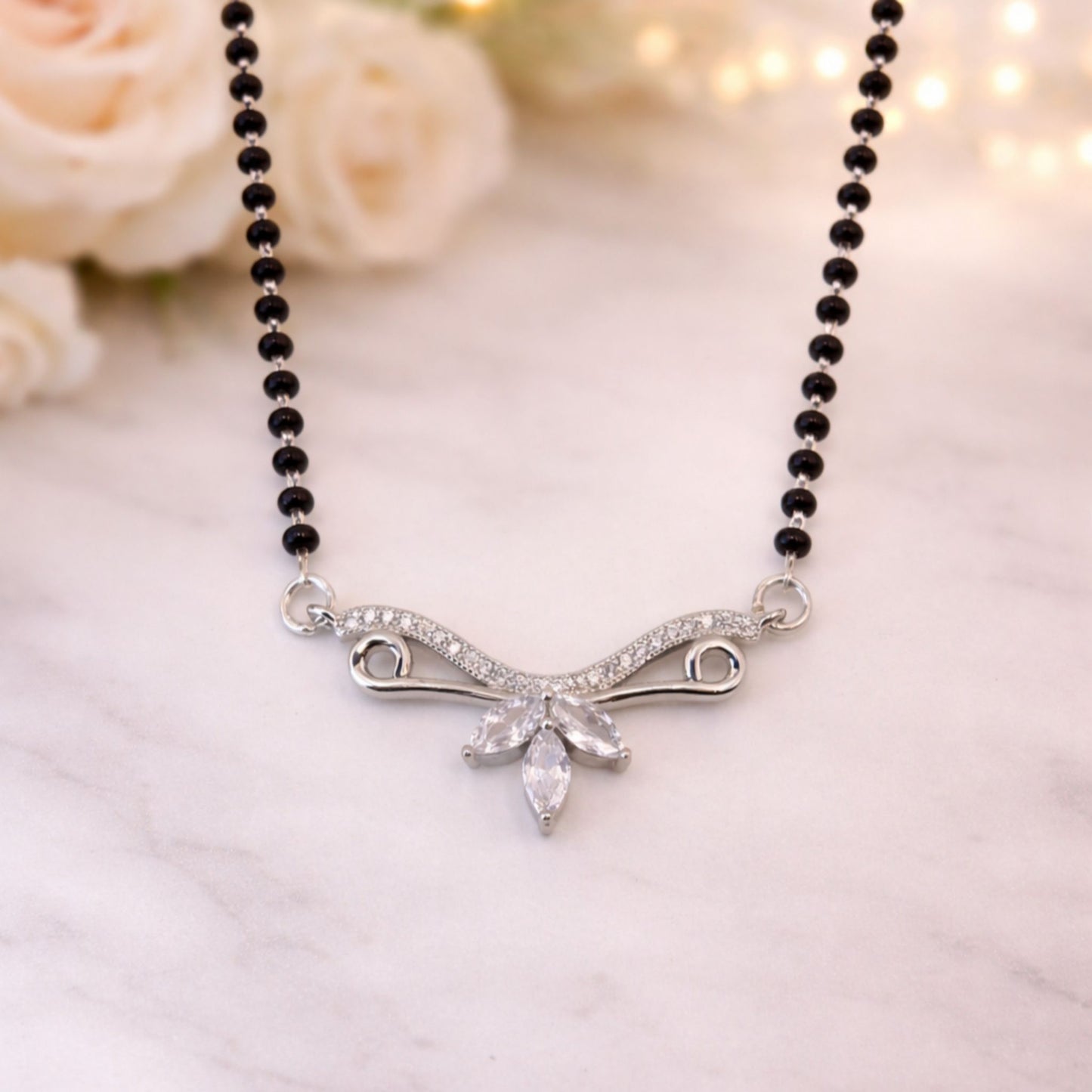 925 Sterling Silver Wing Leaf Mangalsutra – Cubic Zirconia Black Beaded Necklace