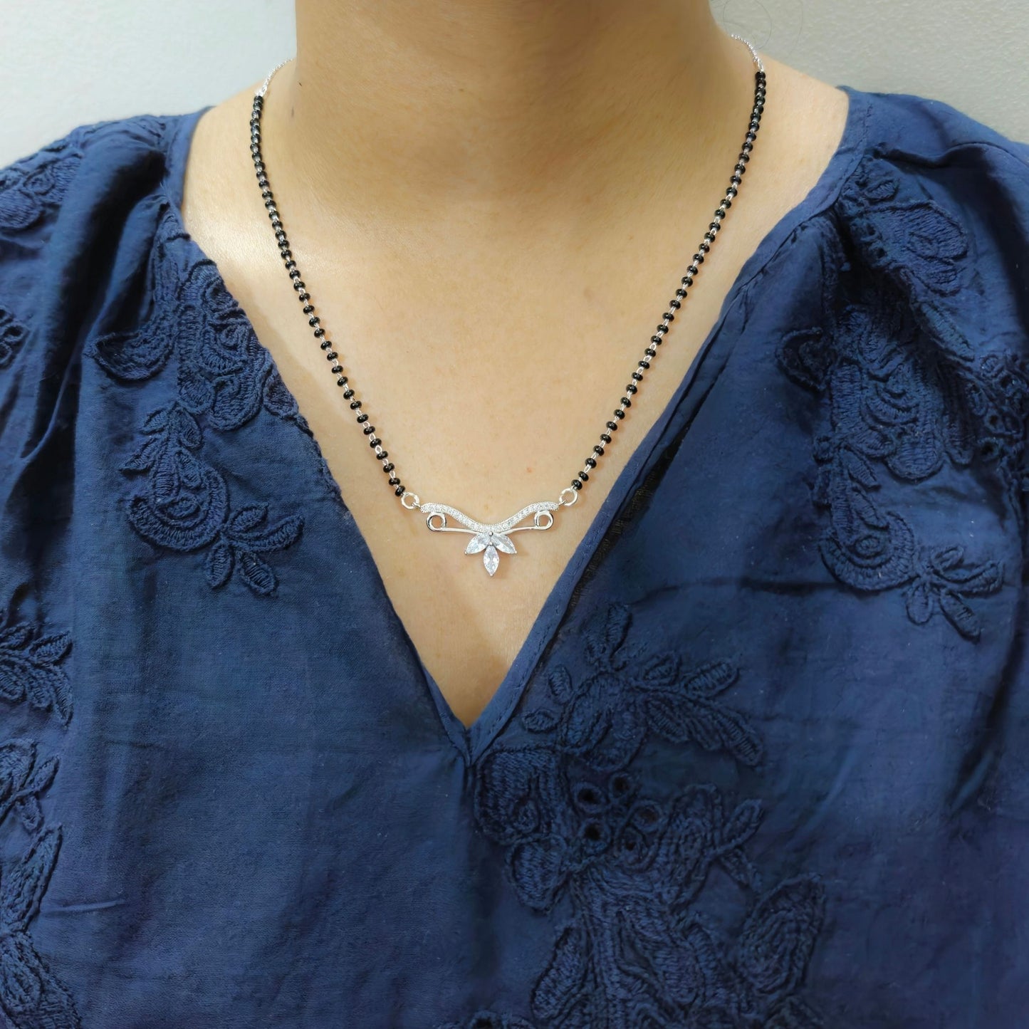 925 Sterling Silver Wing Leaf Mangalsutra – Cubic Zirconia Black Beaded Necklace