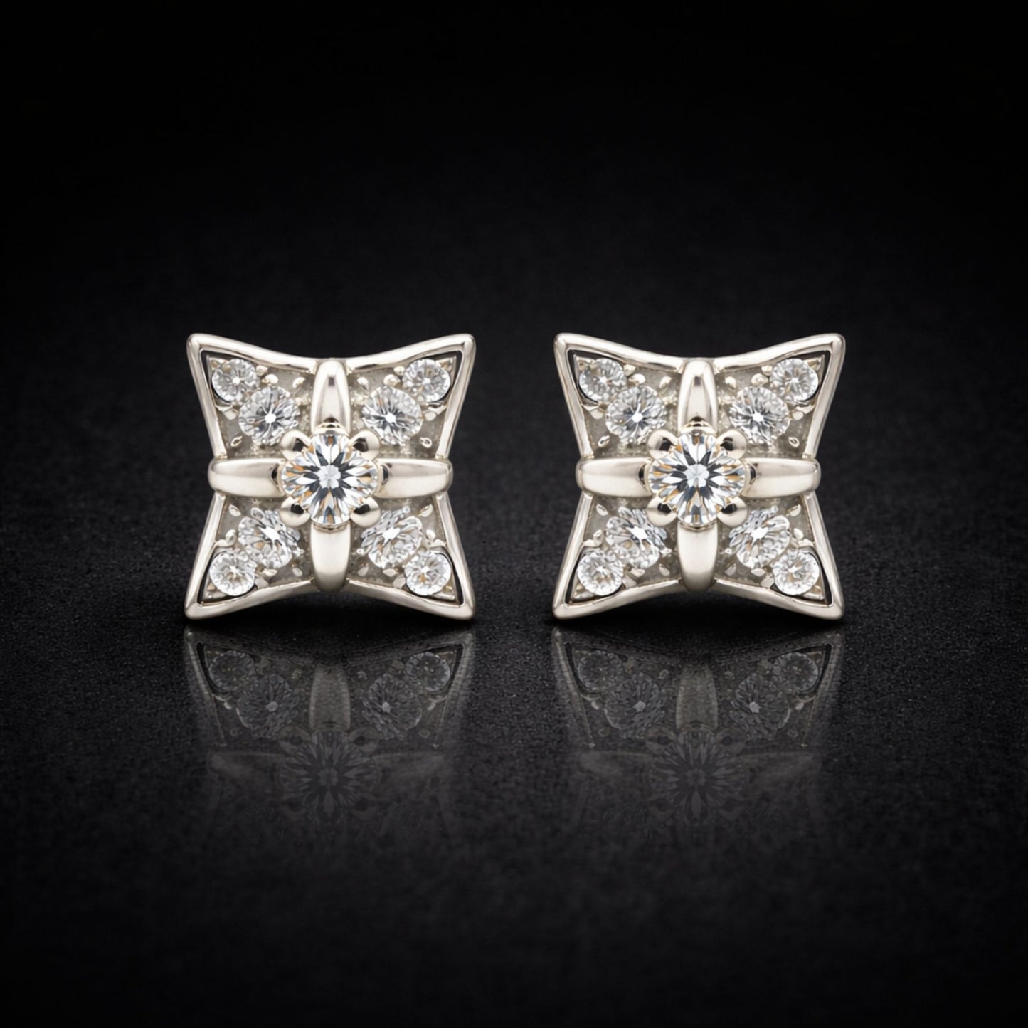 925 Sterling Silver Four Point Star Stud Earrings With Cubic Zirconia