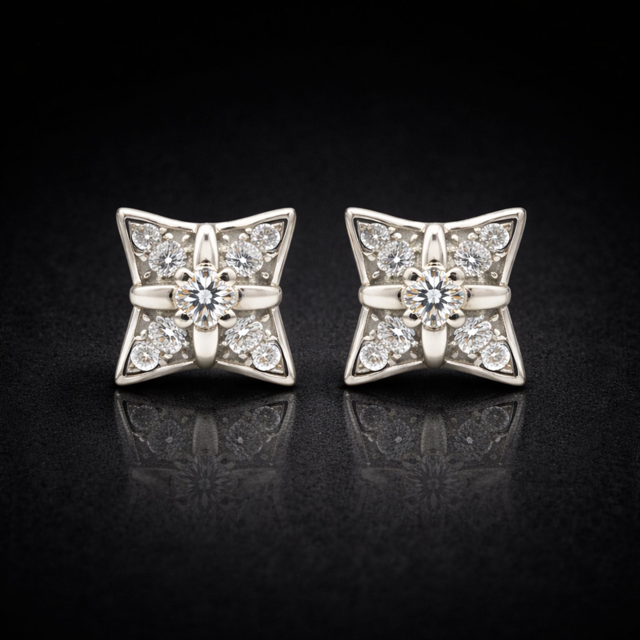 925 Sterling Silver Four Point Star Stud Earrings With Cubic Zirconia