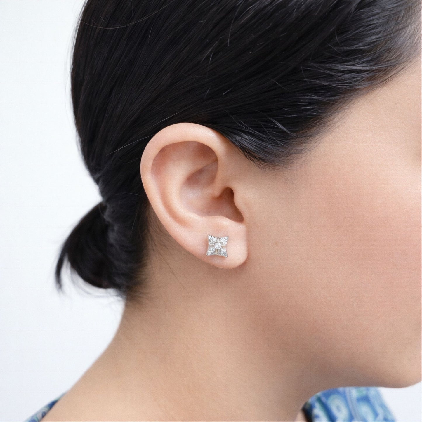 925 Sterling Silver Four Point Star Stud Earrings With Cubic Zirconia