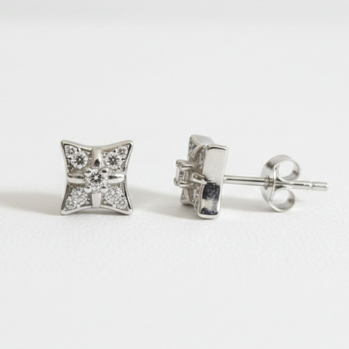 925 Sterling Silver Four Point Star Stud Earrings With Cubic Zirconia
