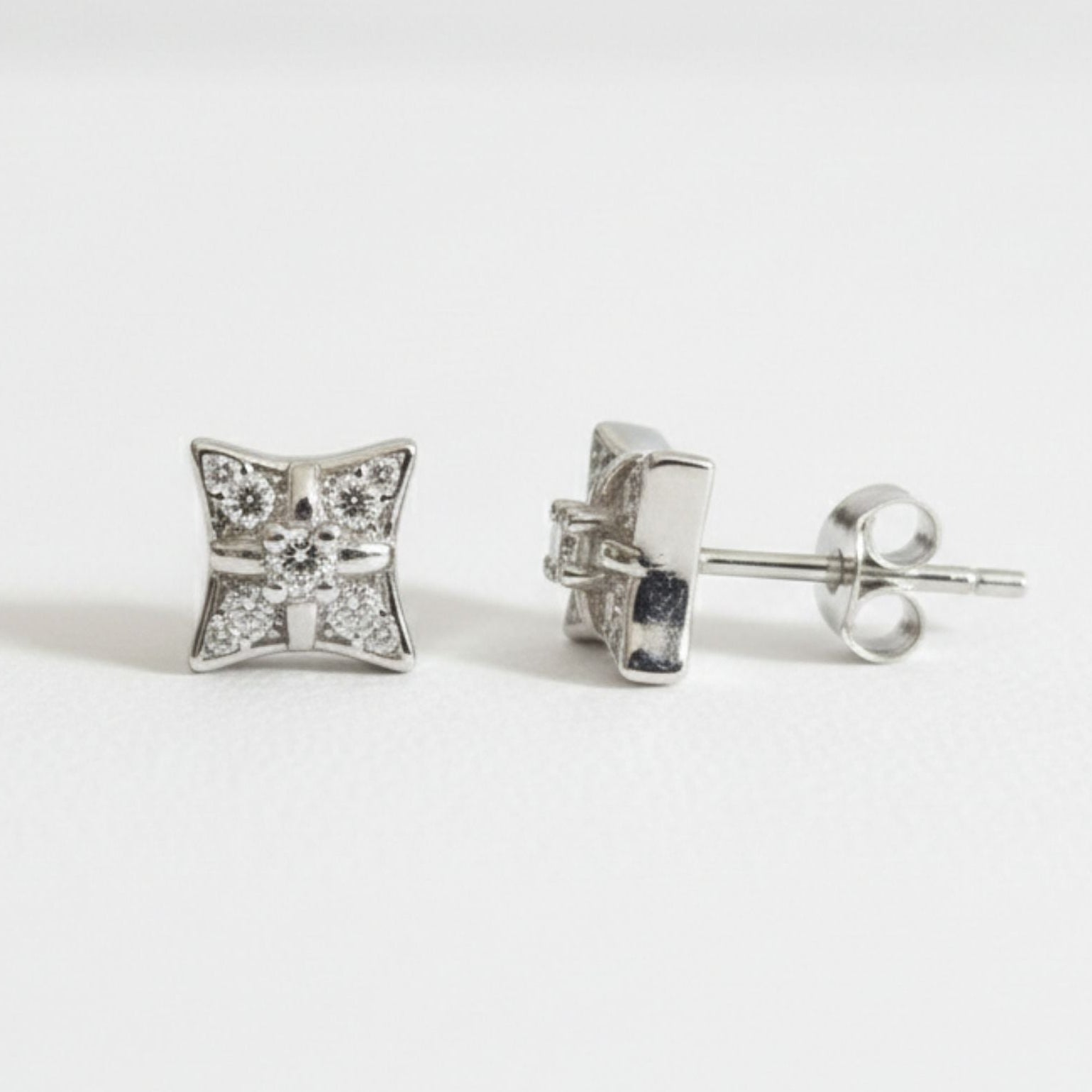 925 Sterling Silver Four Point Star Stud Earrings With Cubic Zirconia