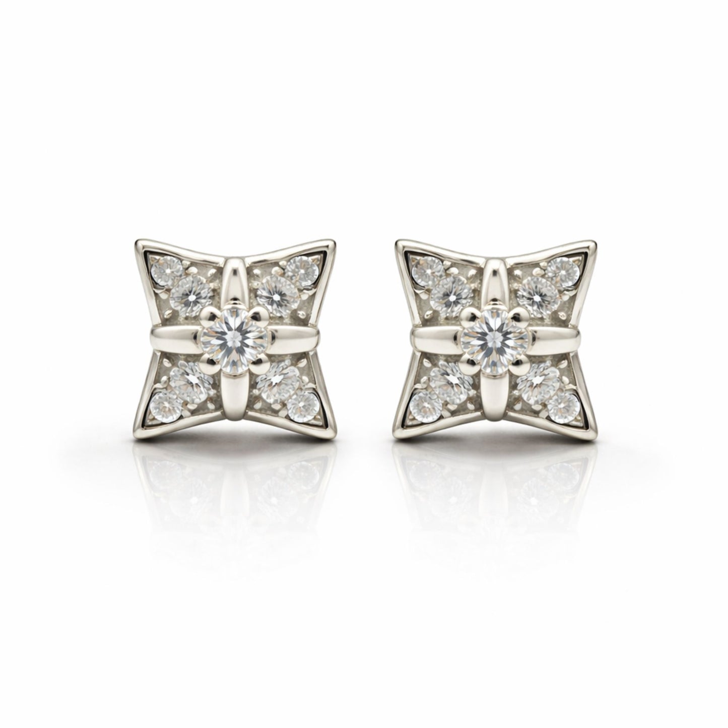 925 Sterling Silver Four Point Star Stud Earrings With Cubic Zirconia