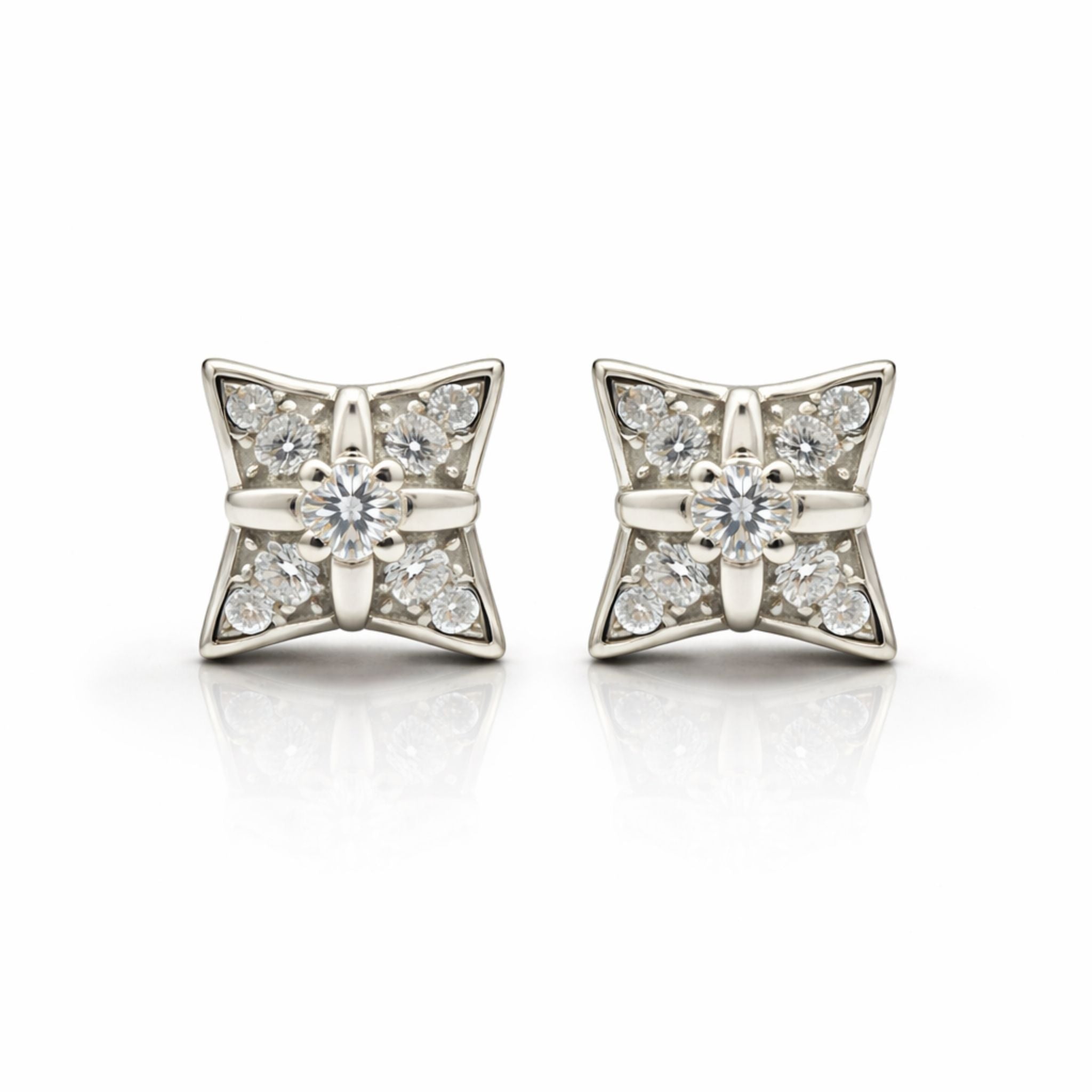 925 Sterling Silver Four Point Star Stud Earrings With Cubic Zirconia