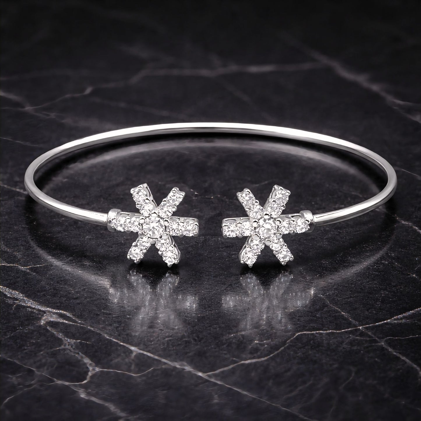 925 Sterling Silver Flexible Open Cuff Kada with Starburst Cubic Zirconia Motif