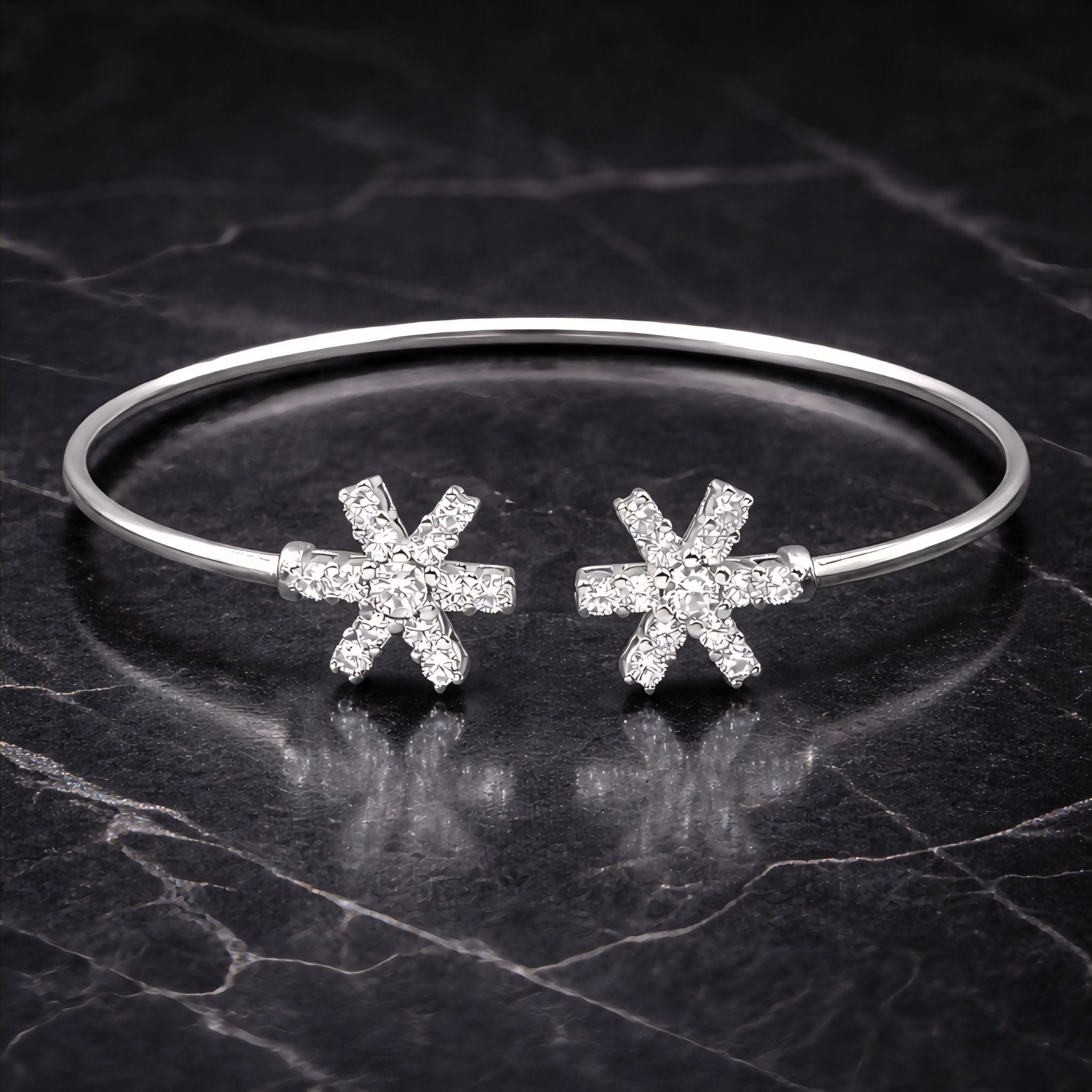 925 Sterling Silver Flexible Open Cuff Kada with Starburst Cubic Zirconia Motif
