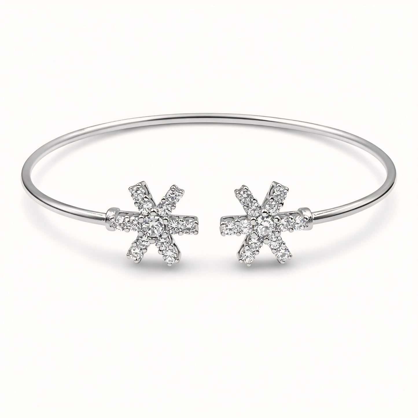 925 Sterling Silver Flexible Open Cuff Kada with Starburst Cubic Zirconia Motif