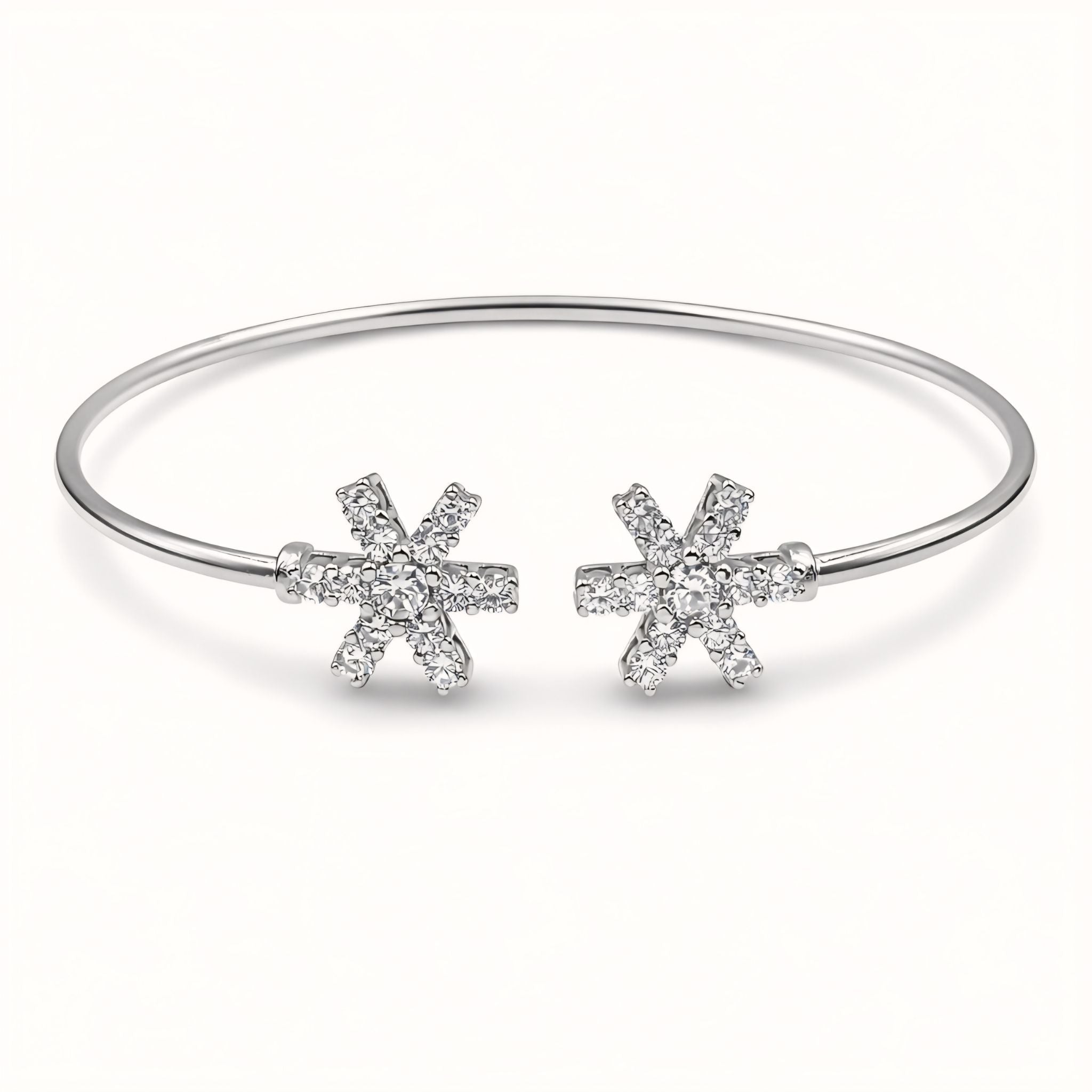 925 Sterling Silver Flexible Open Cuff Kada with Starburst Cubic Zirconia Motif