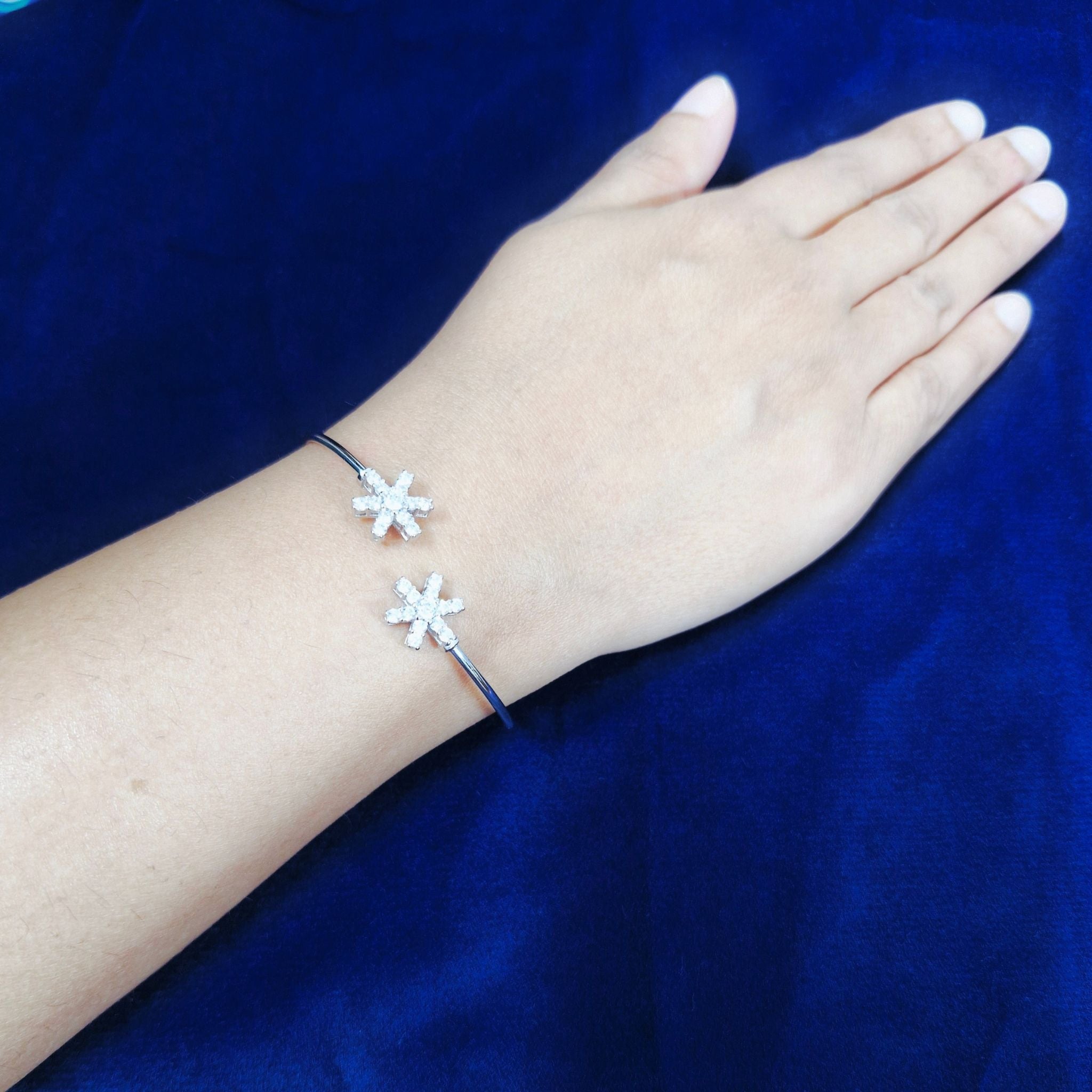 925 Sterling Silver Flexible Open Cuff Kada with Starburst Cubic Zirconia Motif