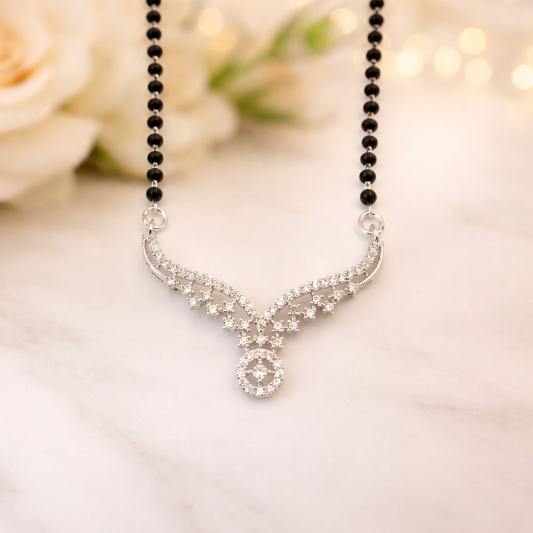 925 Sterling Silver Mangalsutra with Winged Cubic Zirconia Pendant