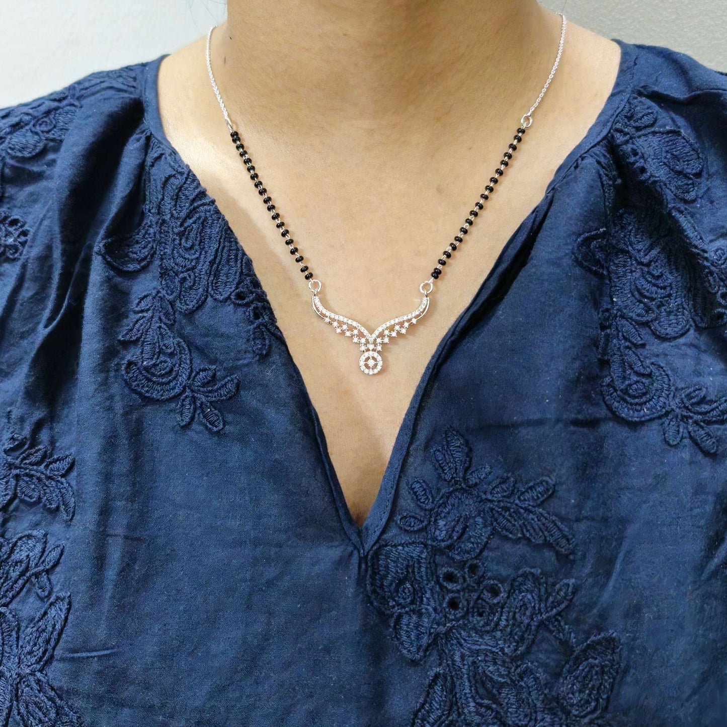 925 Sterling Silver Mangalsutra with Winged Cubic Zirconia Pendant