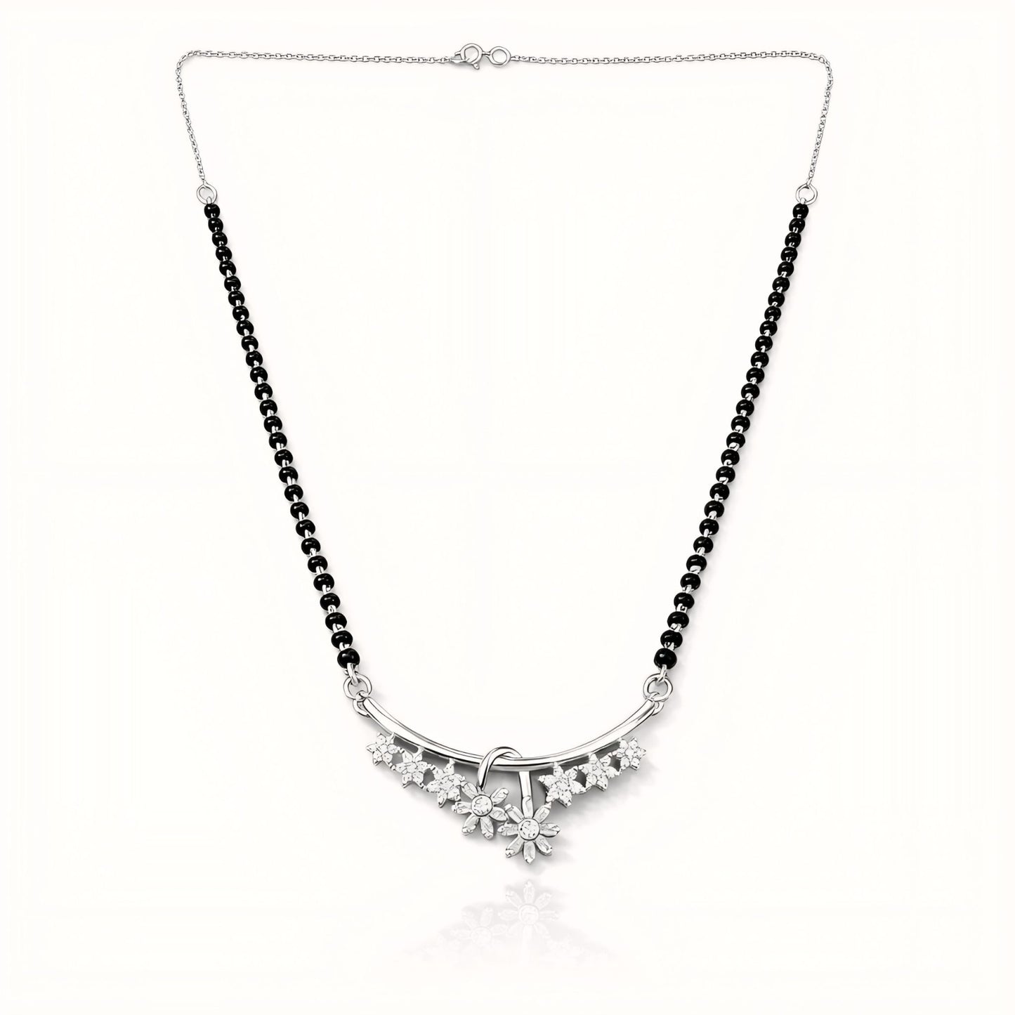 925 Sterling Silver Floral Bar Mangalsutra – Cubic Zirconia Black Beaded Necklace