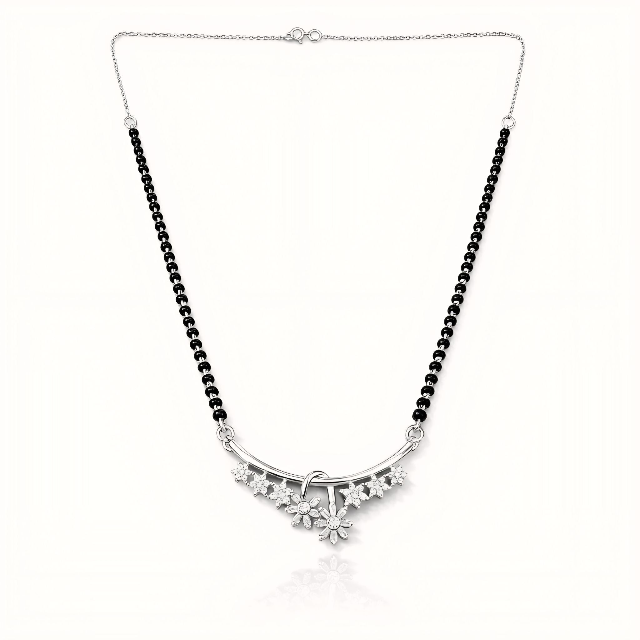 925 Sterling Silver Floral Bar Mangalsutra – Cubic Zirconia Black Beaded Necklace