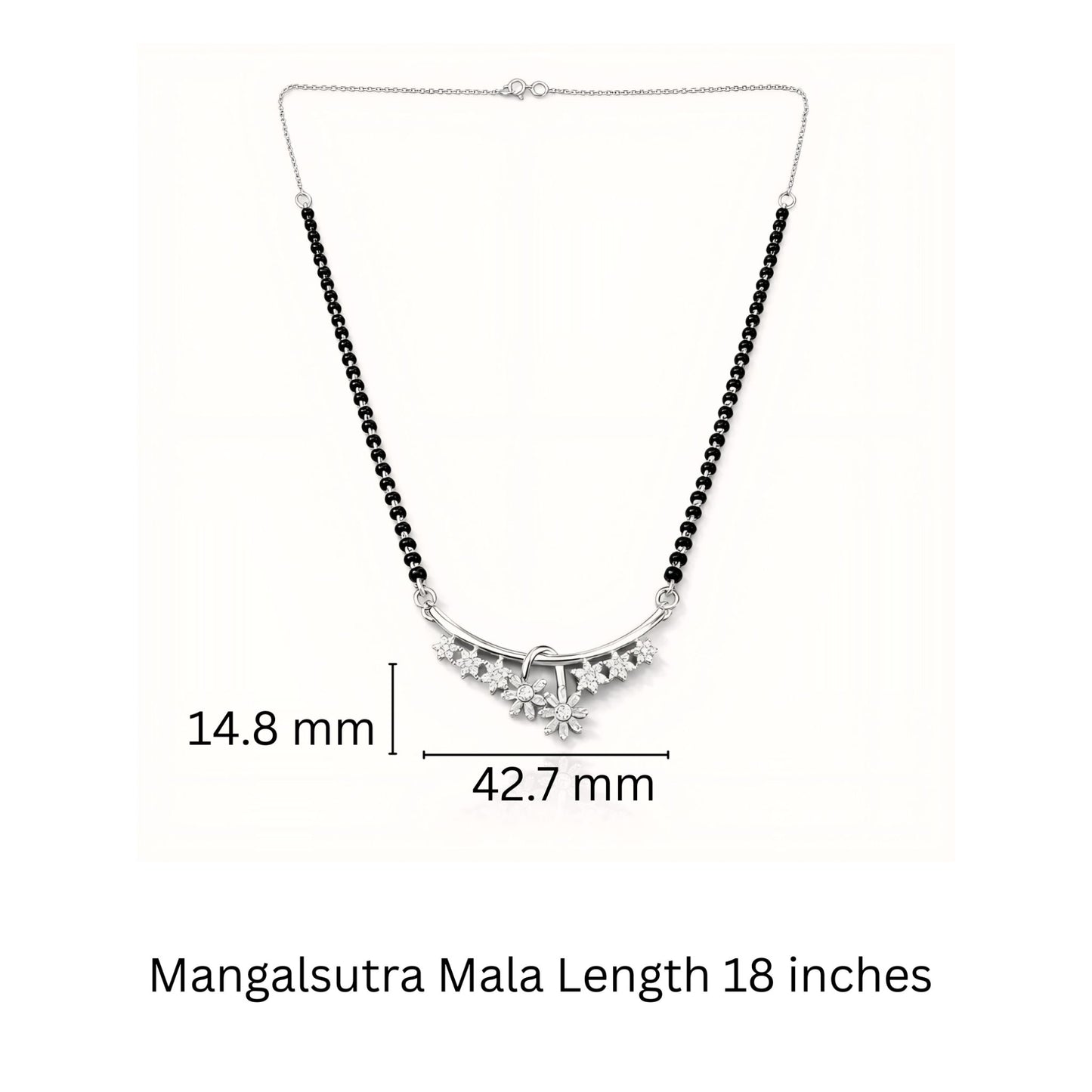 925 Sterling Silver Floral Bar Mangalsutra – Cubic Zirconia Black Beaded Necklace