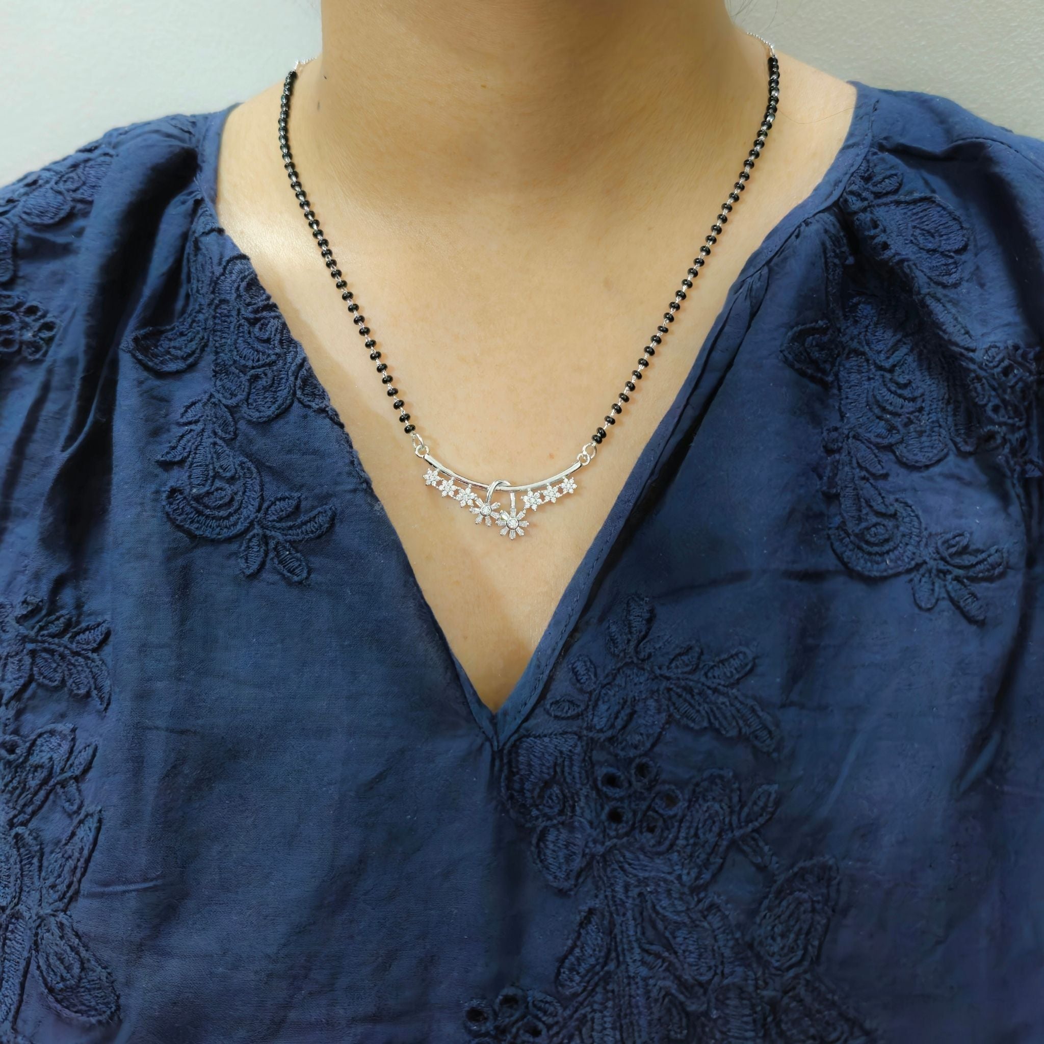 925 Sterling Silver Floral Bar Mangalsutra – Cubic Zirconia Black Beaded Necklace