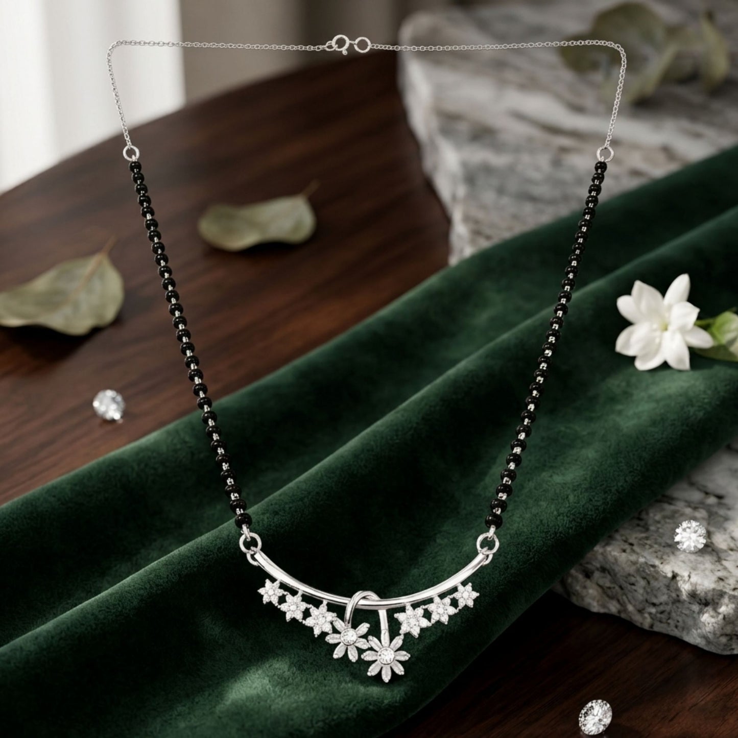 925 Sterling Silver Floral Bar Mangalsutra – Cubic Zirconia Black Beaded Necklace