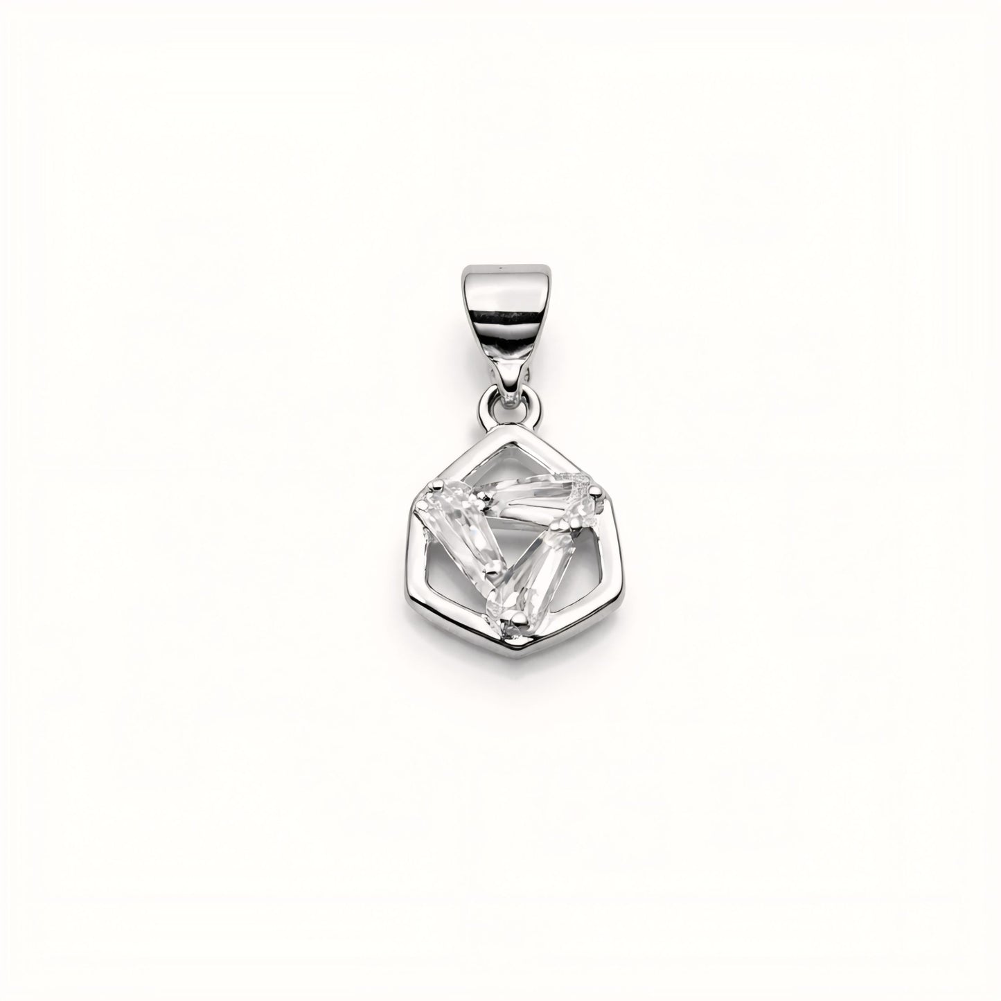 925 Sterling Silver Geometric Hexagon Pendant with Baguette-Cut Cubic Zirconia