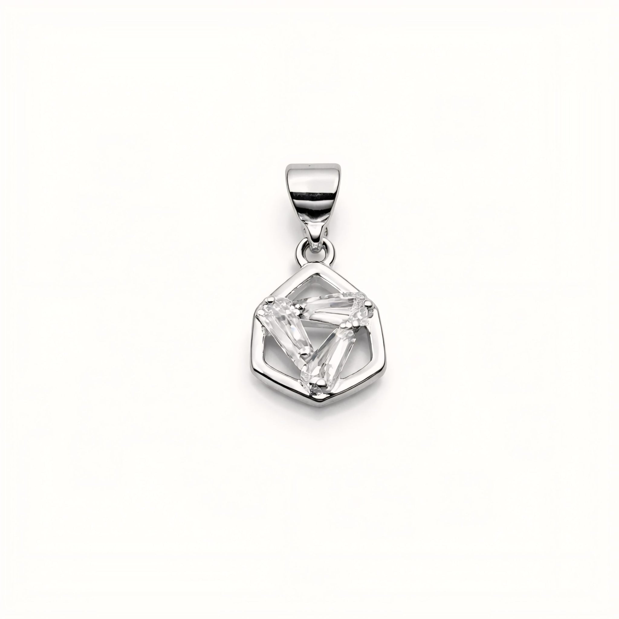 925 Sterling Silver Geometric Hexagon Pendant with Baguette-Cut Cubic Zirconia