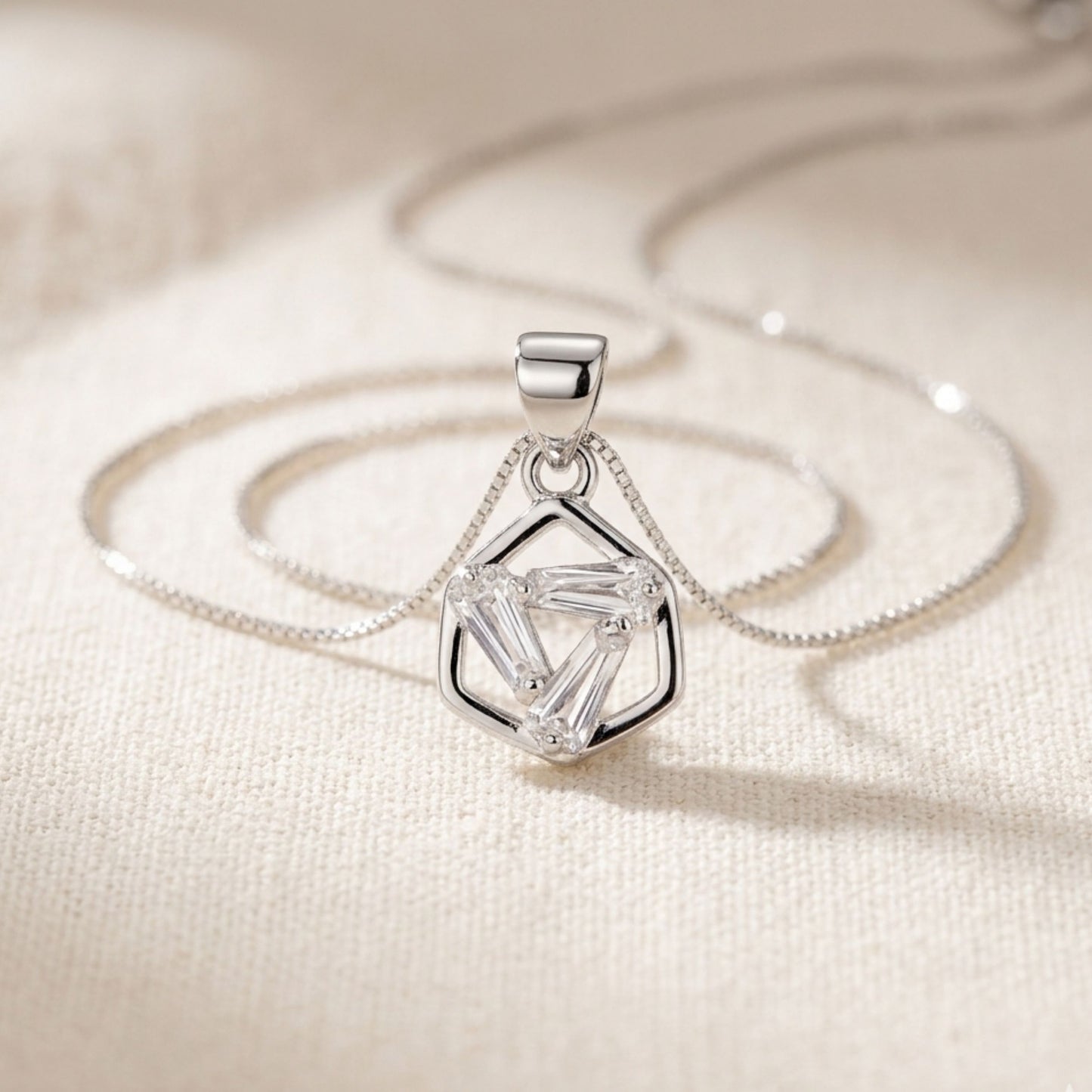 925 Sterling Silver Geometric Hexagon Pendant with Baguette-Cut Cubic Zirconia