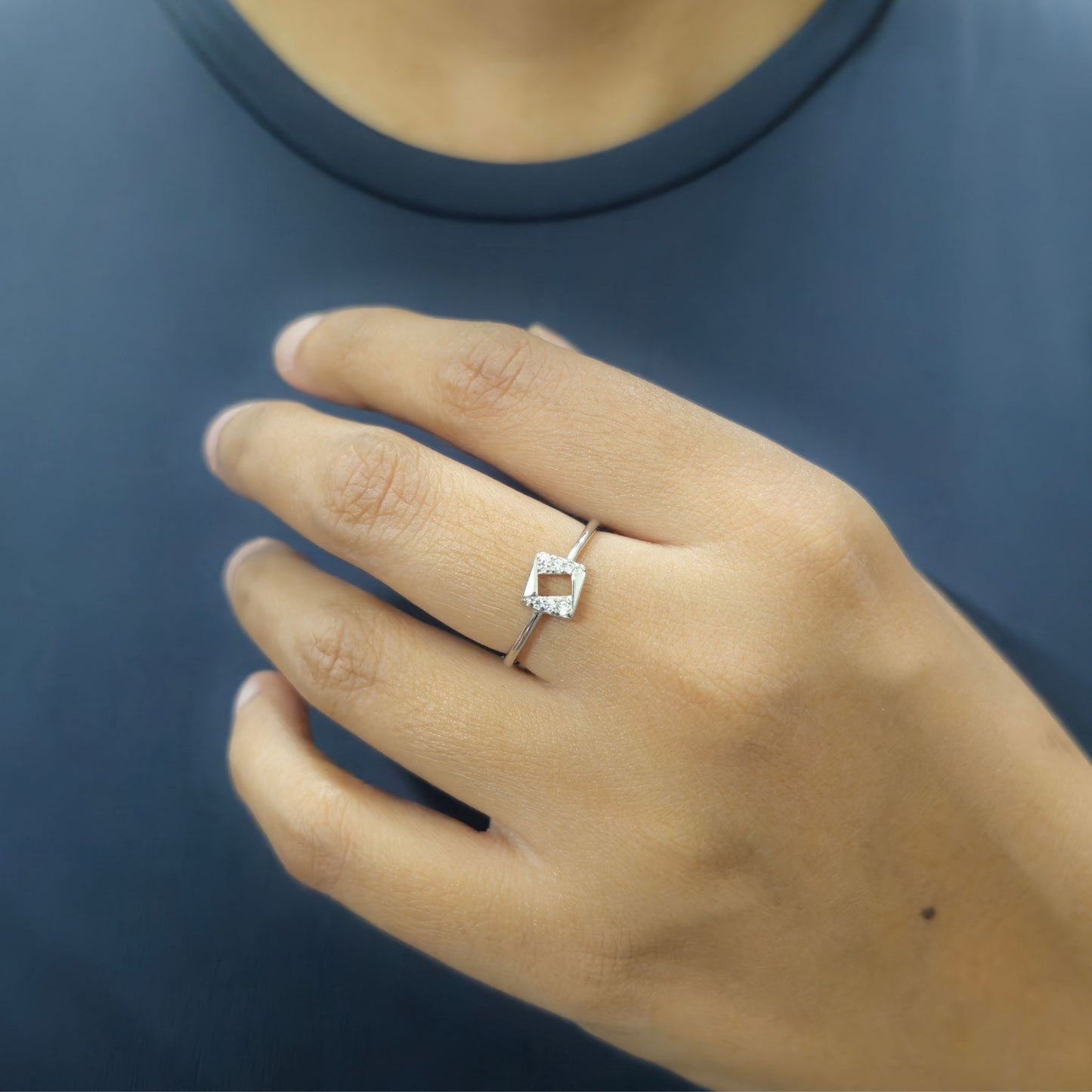 925 Sterling Silver Geometric Rhombus Ring with Cubic Zirconia