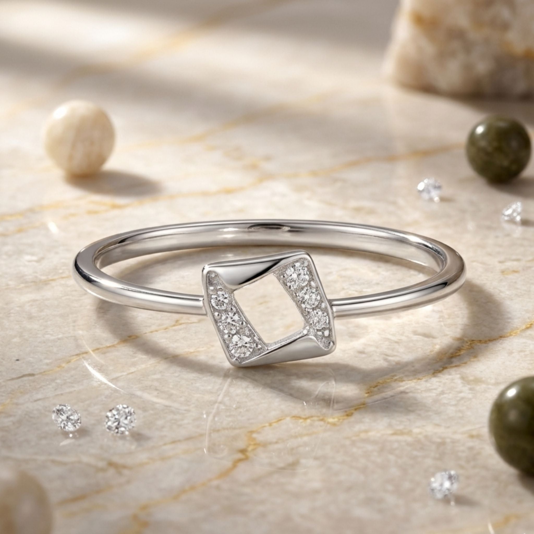 925 Sterling Silver Geometric Rhombus Ring with Cubic Zirconia