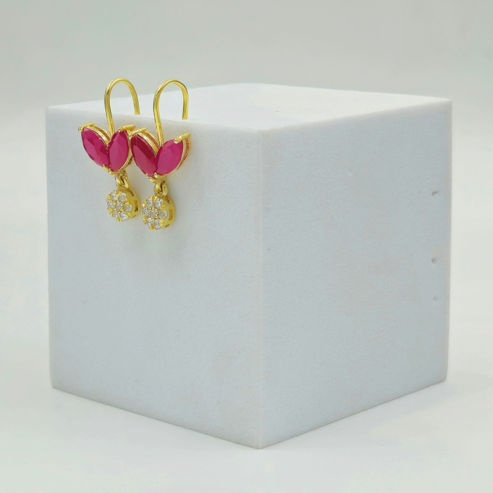 925 Sterling Silver Floral Stud Earrings Marquise Red Stone & Cubic Zirconia