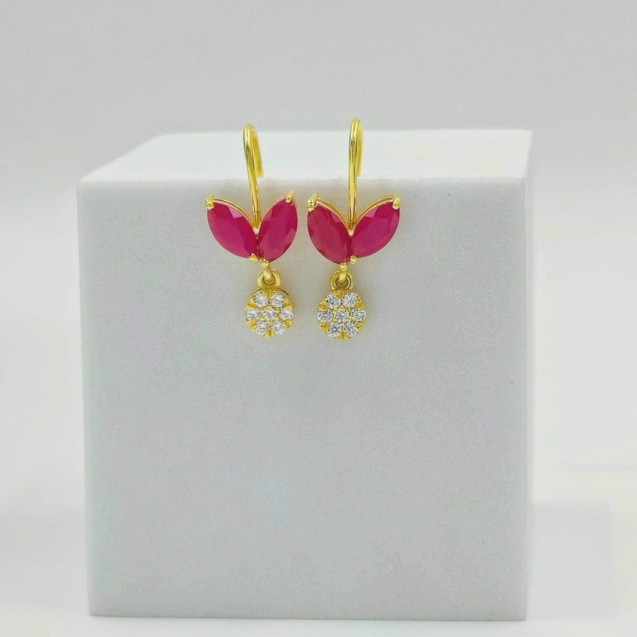 925 Sterling Silver Floral Stud Earrings Marquise Red Stone & Cubic Zirconia