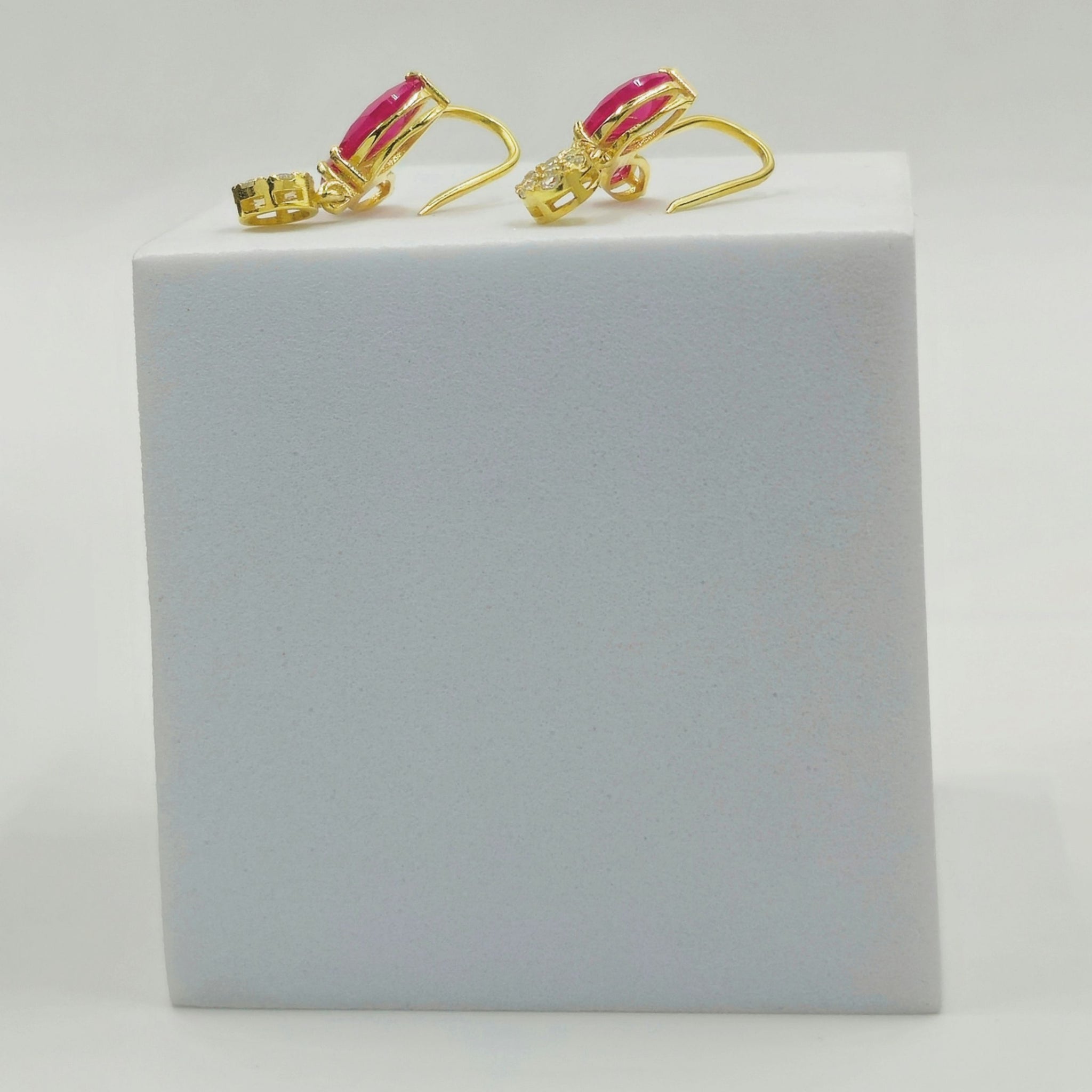 925 Sterling Silver Floral Stud Earrings Marquise Red Stone & Cubic Zirconia