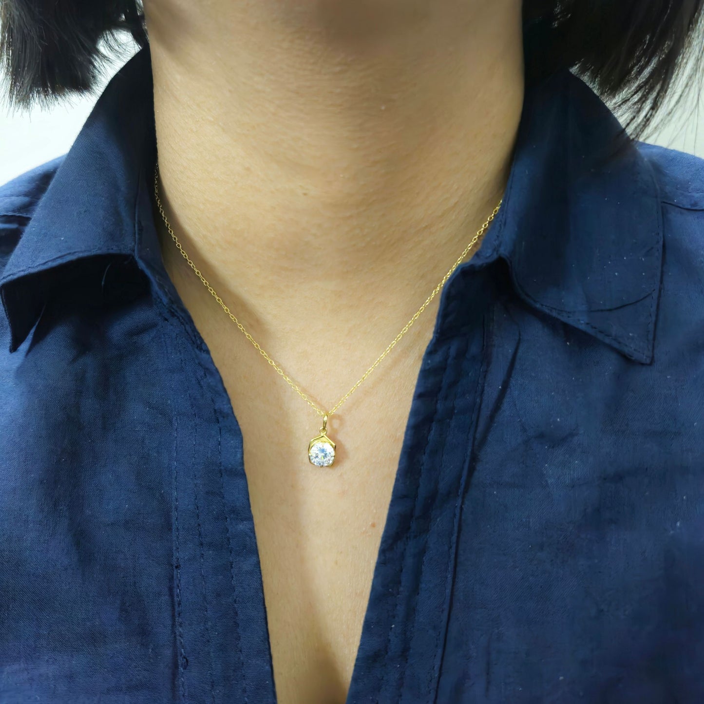 Gold-Plated 925 Sterling Silver Hexagonal Solitaire Pendant and Drop Earrings Set With Cubic Zirconia