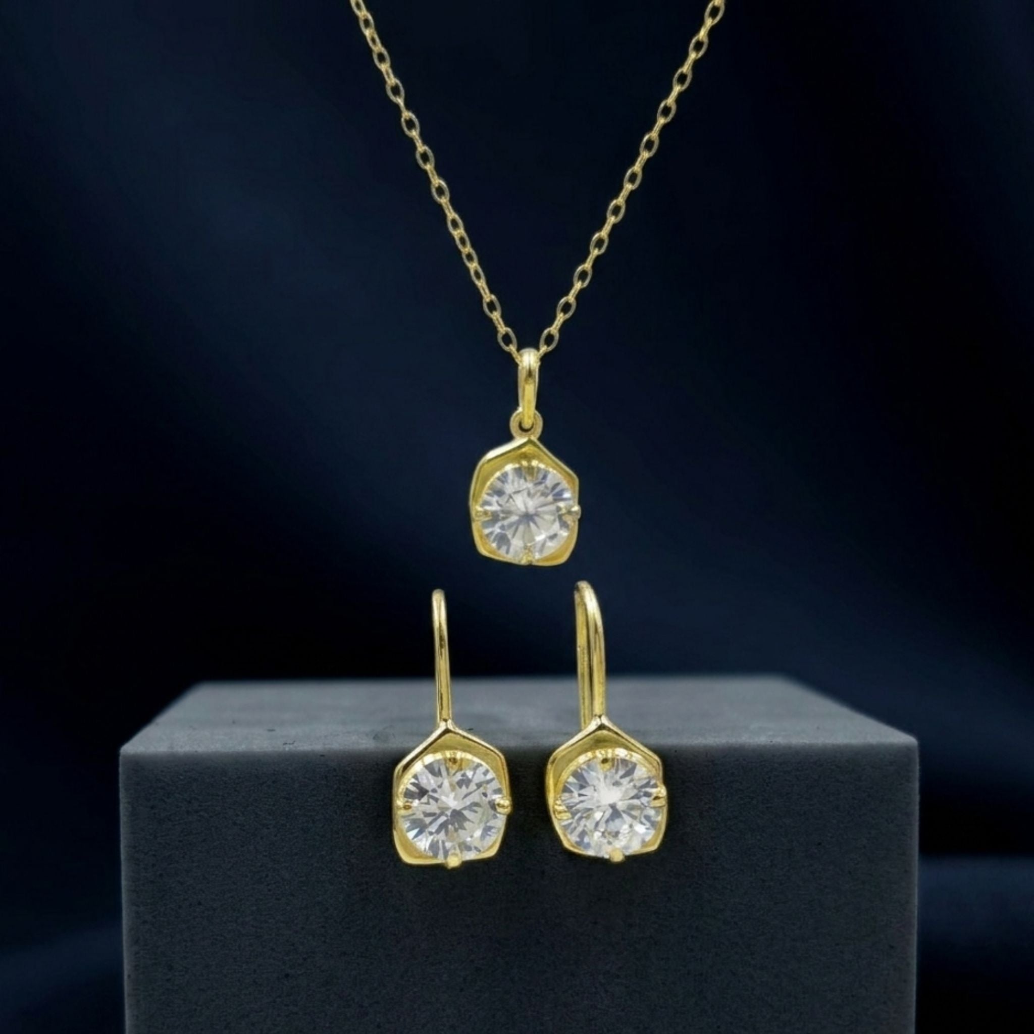Gold-Plated 925 Sterling Silver Hexagonal Solitaire Pendant and Drop Earrings Set With Cubic Zirconia