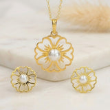 Gold-Plated 925 Sterling Silver Pearl Sunburst Pendant and Earrings Set