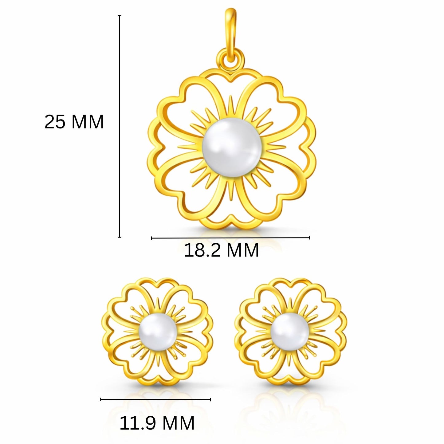 Gold-Plated 925 Sterling Silver Pearl Sunburst Pendant and Earrings Set