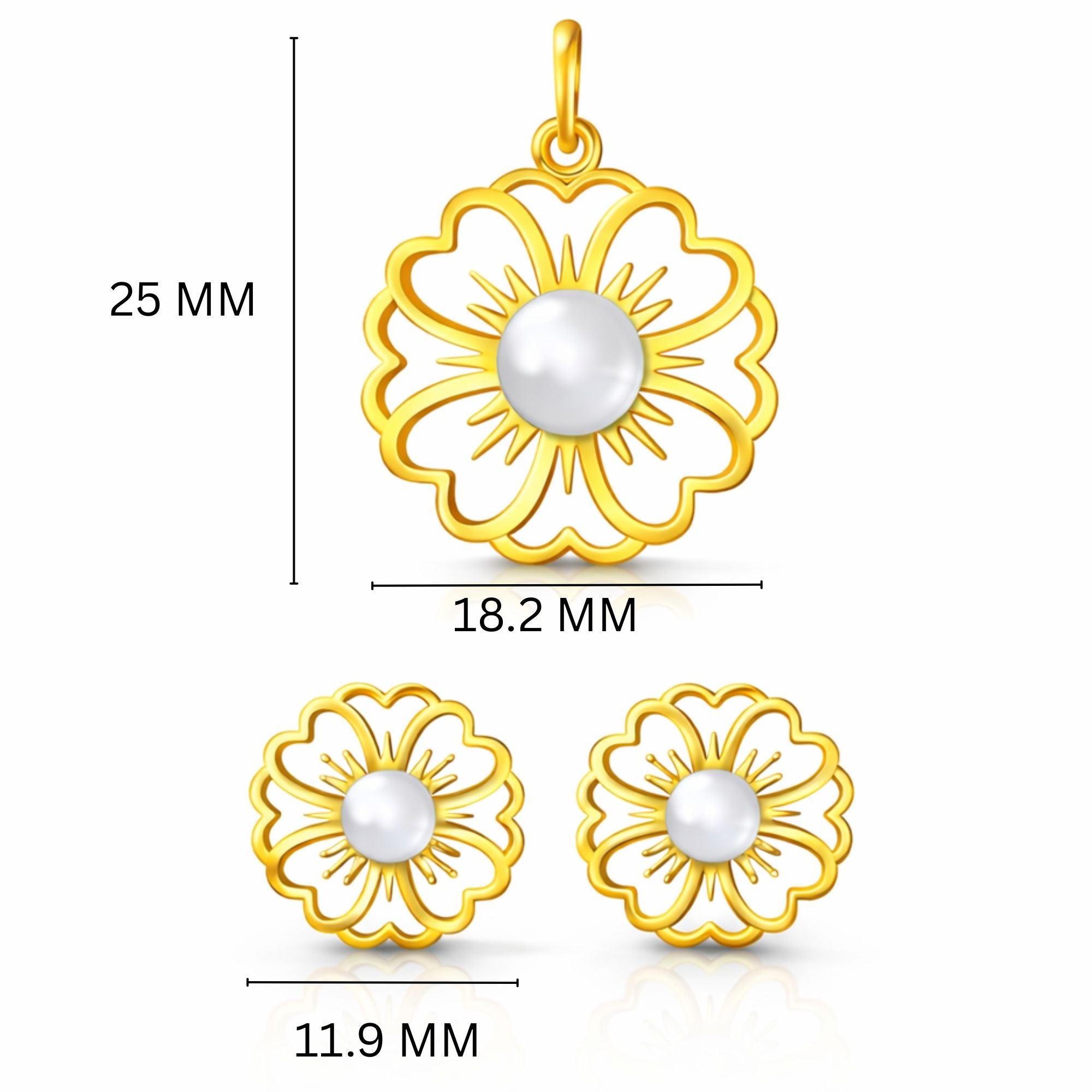 Gold-Plated 925 Sterling Silver Pearl Sunburst Pendant and Earrings Set