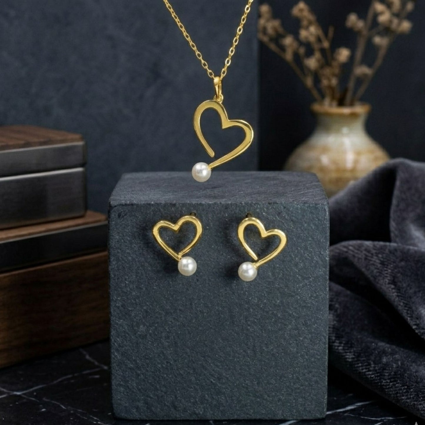 Gold-Plated 925 Sterling Silver Heart Pearl Pendant and Earrings Set