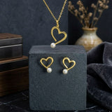 Gold-Plated 925 Sterling Silver Heart Pearl Pendant and Earrings Set