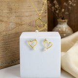 Gold-Plated 925 Sterling Silver Heart Pearl Pendant and Earrings Set