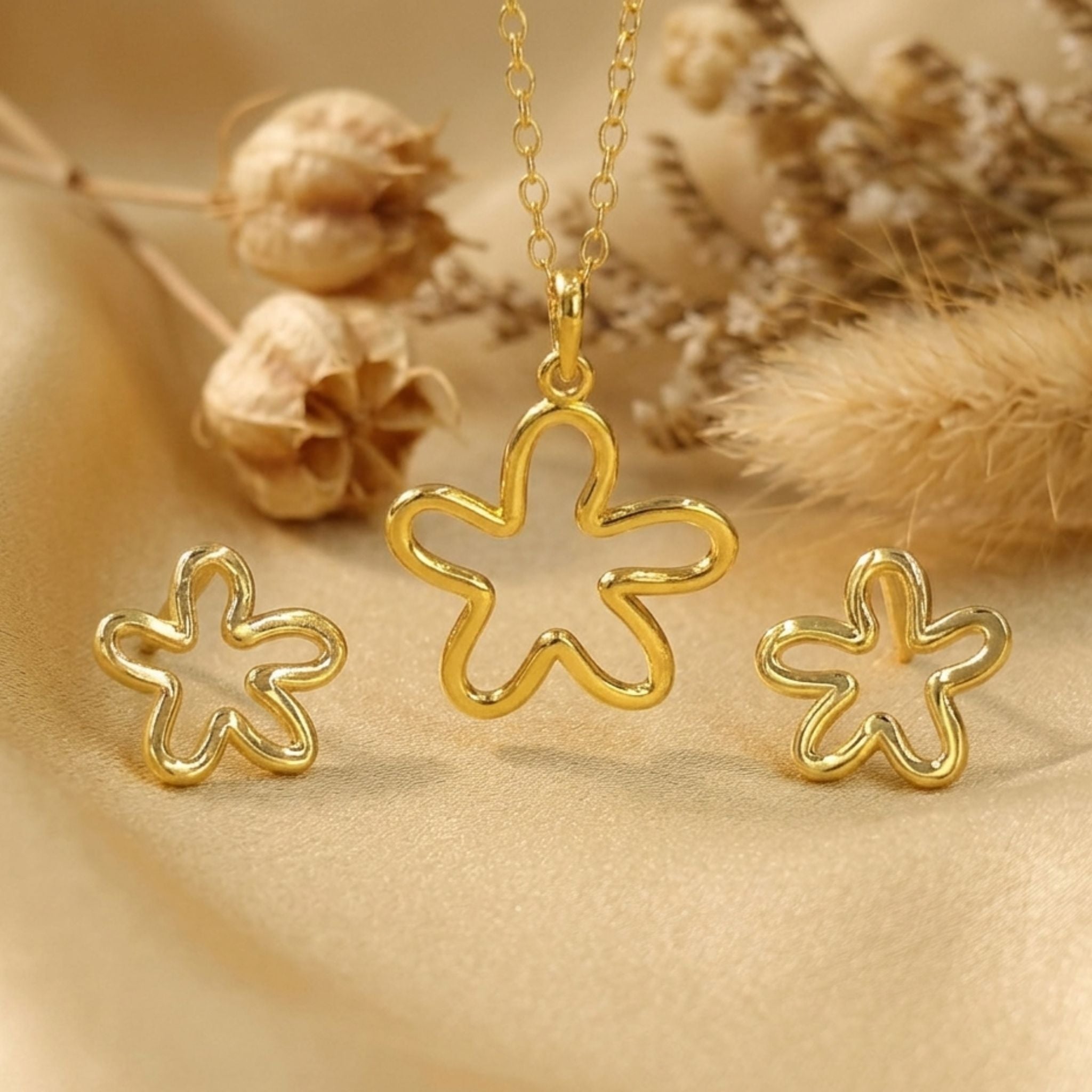 Gold-Plated 925 Sterling Silver Open Flower Pendant and Earrings Jewelry Set