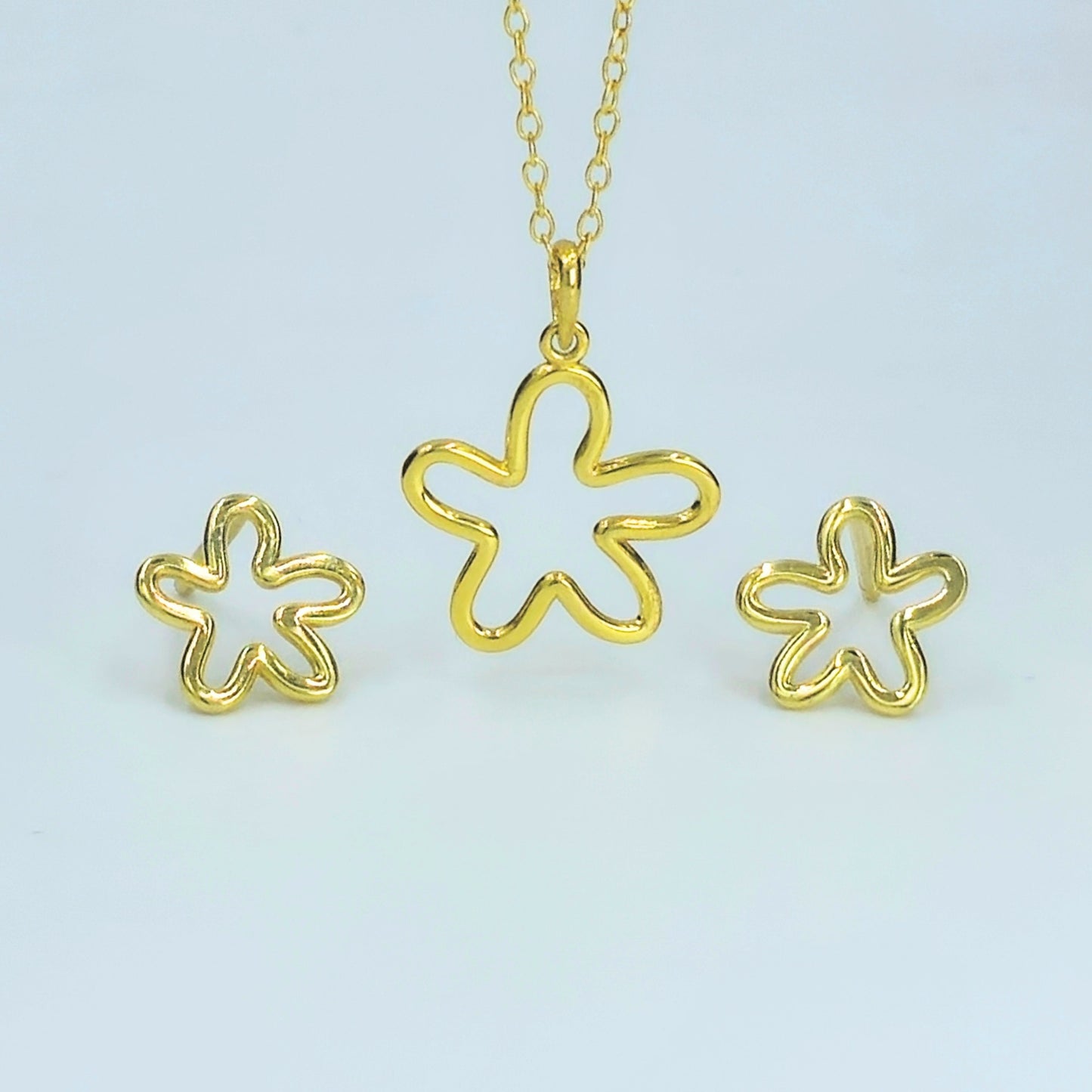 Gold-Plated 925 Sterling Silver Open Flower Pendant and Earrings Jewelry Set