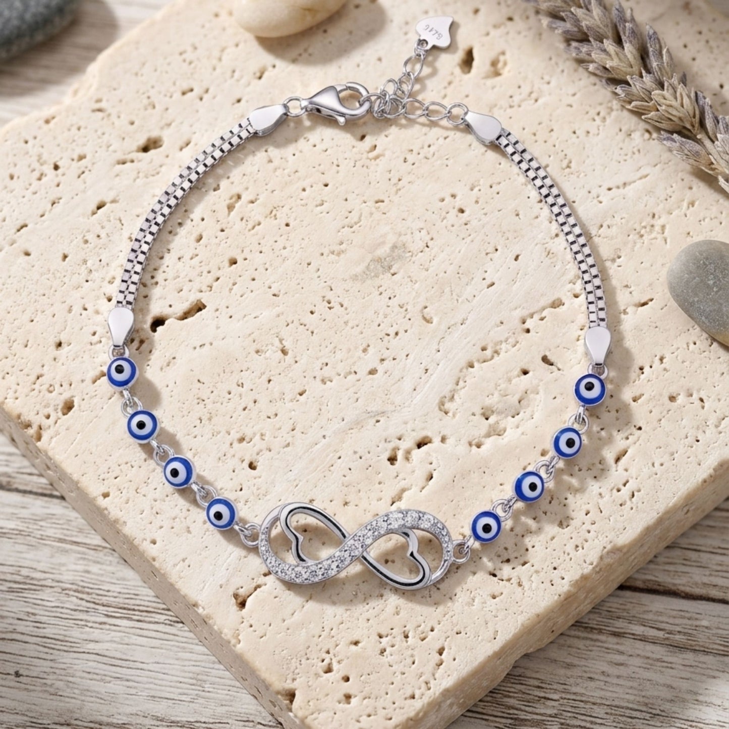 925 Sterling Silver Evil Eye Chain Bracelet with Cubic Zirconia