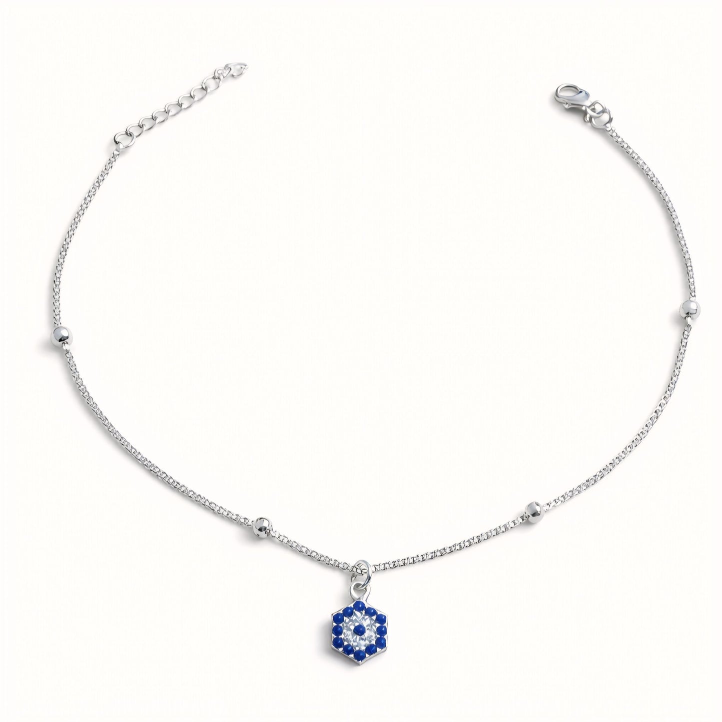 925 Sterling Silver Hexagonal Evil Eye Beaded Anklet with Cubic Zirconia