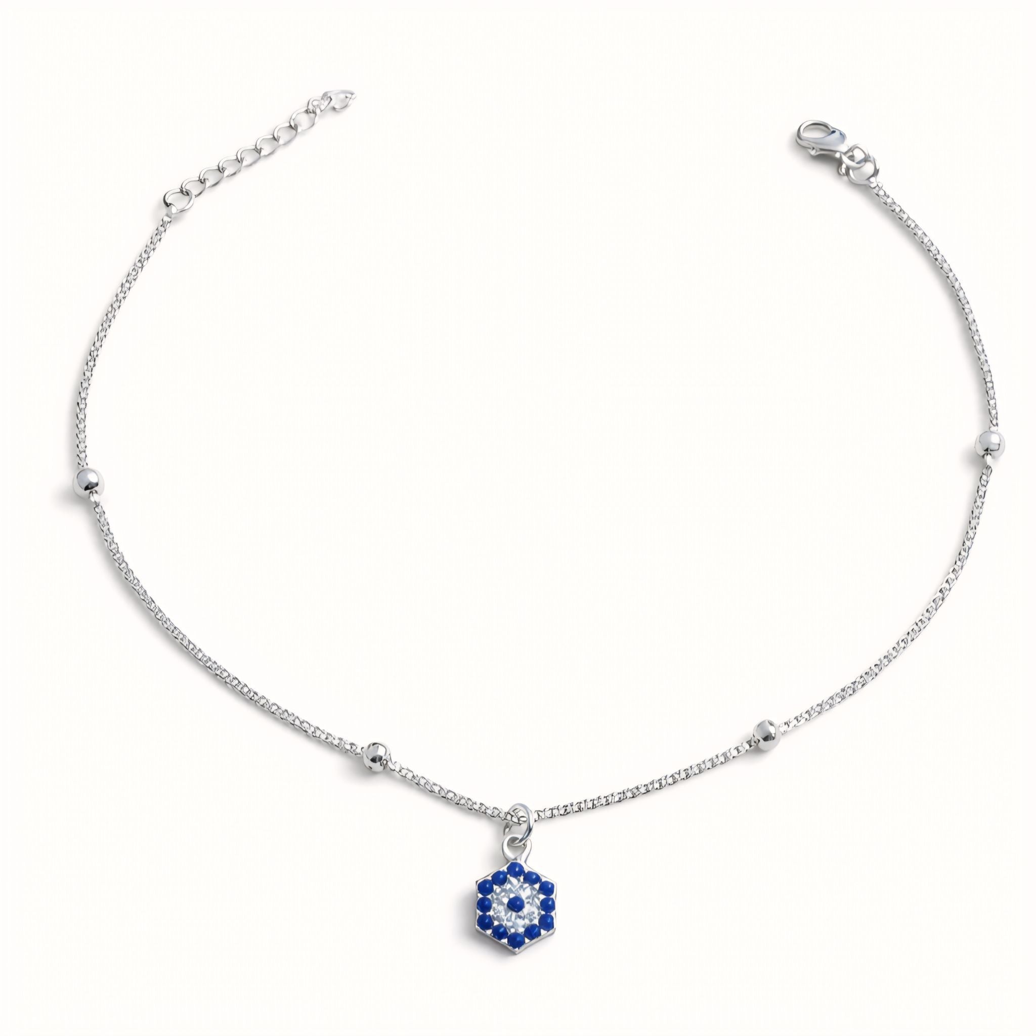 925 Sterling Silver Hexagonal Evil Eye Beaded Anklet with Cubic Zirconia