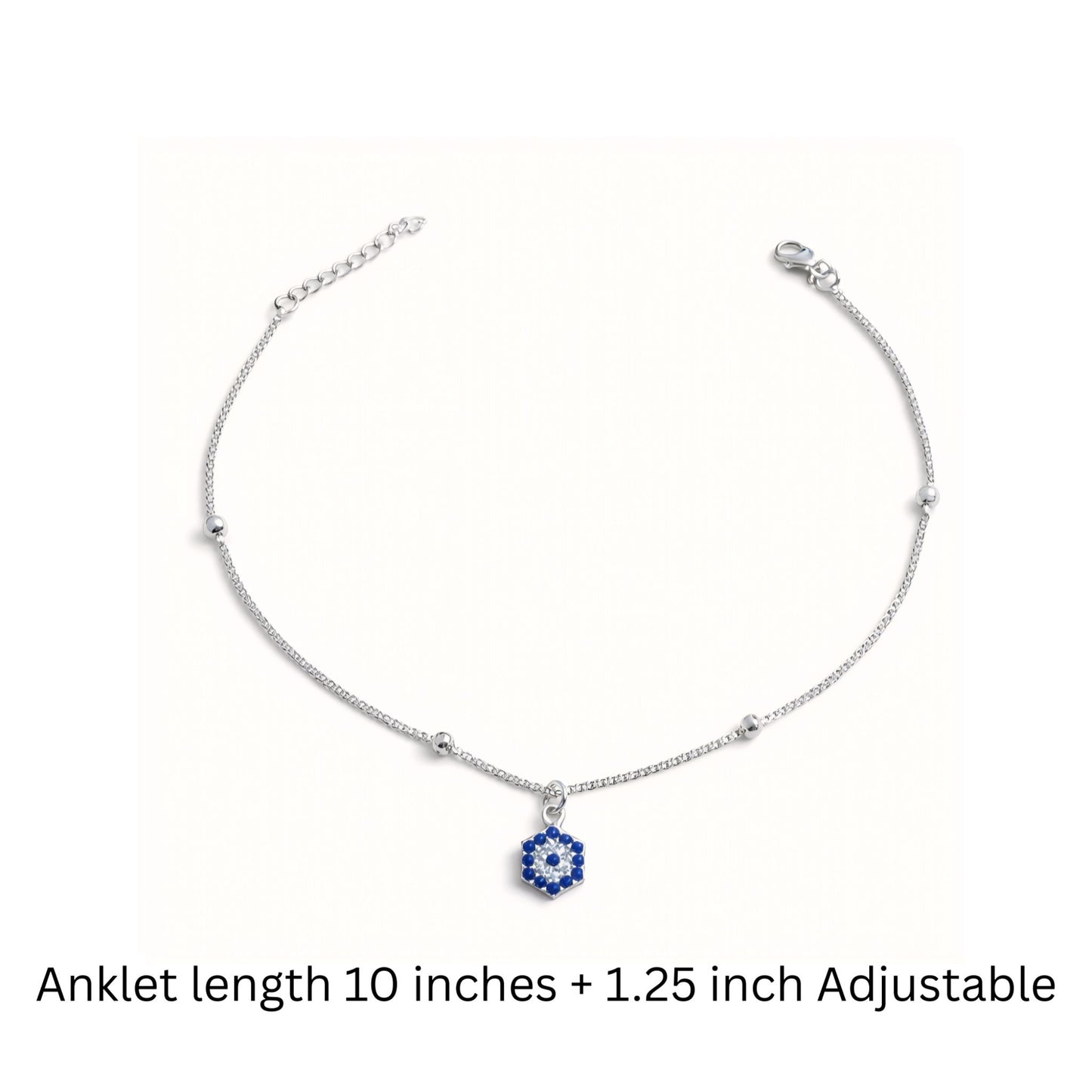 925 Sterling Silver Hexagonal Evil Eye Beaded Anklet with Cubic Zirconia