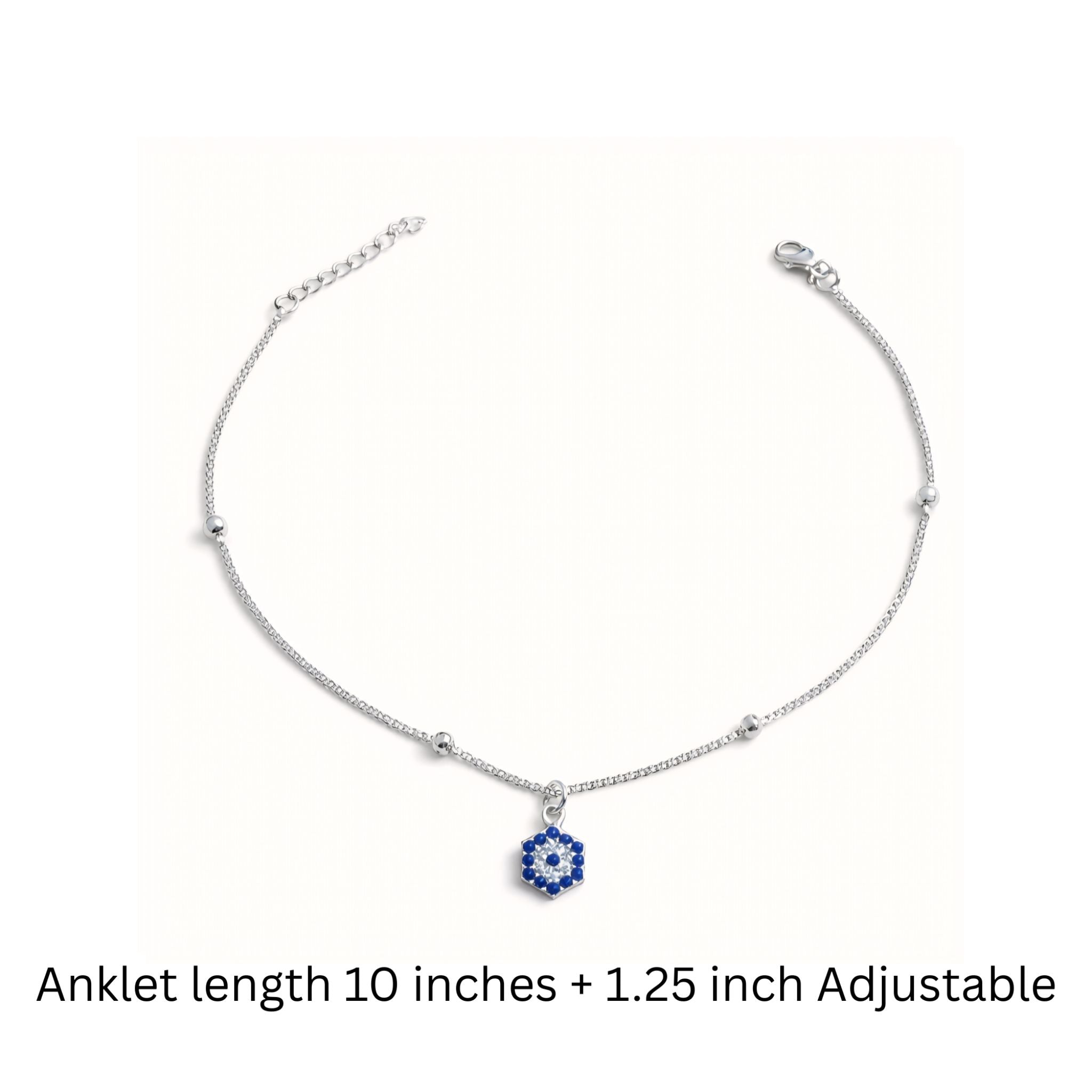 925 Sterling Silver Hexagonal Evil Eye Beaded Anklet with Cubic Zirconia