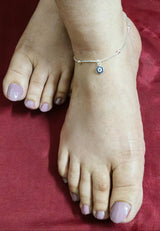 925 Sterling Silver Hexagonal Evil Eye Beaded Anklet with Cubic Zirconia