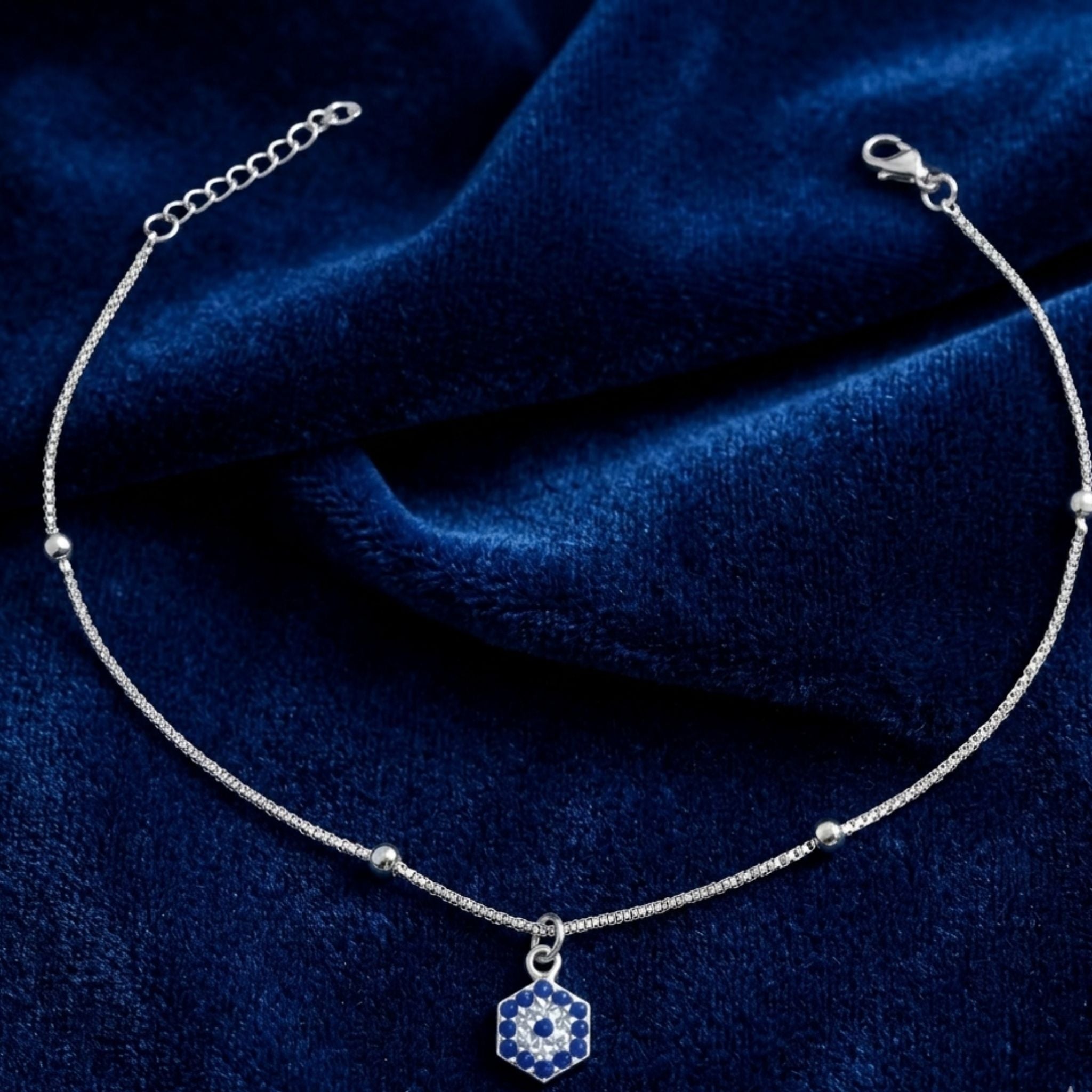 925 Sterling Silver Hexagonal Evil Eye Beaded Anklet with Cubic Zirconia