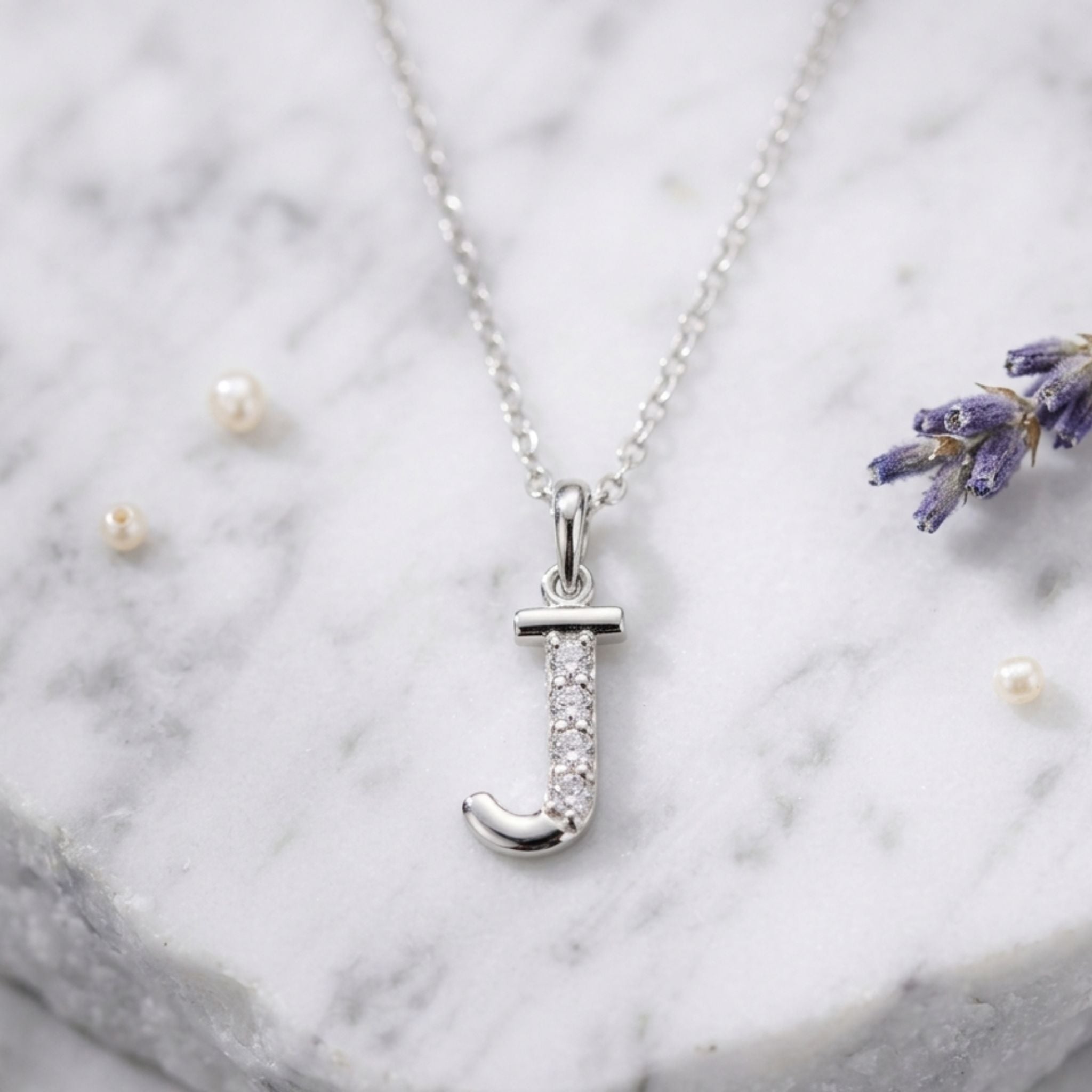 925 Sterling Silver Initial J Necklace With cubic Zirconia